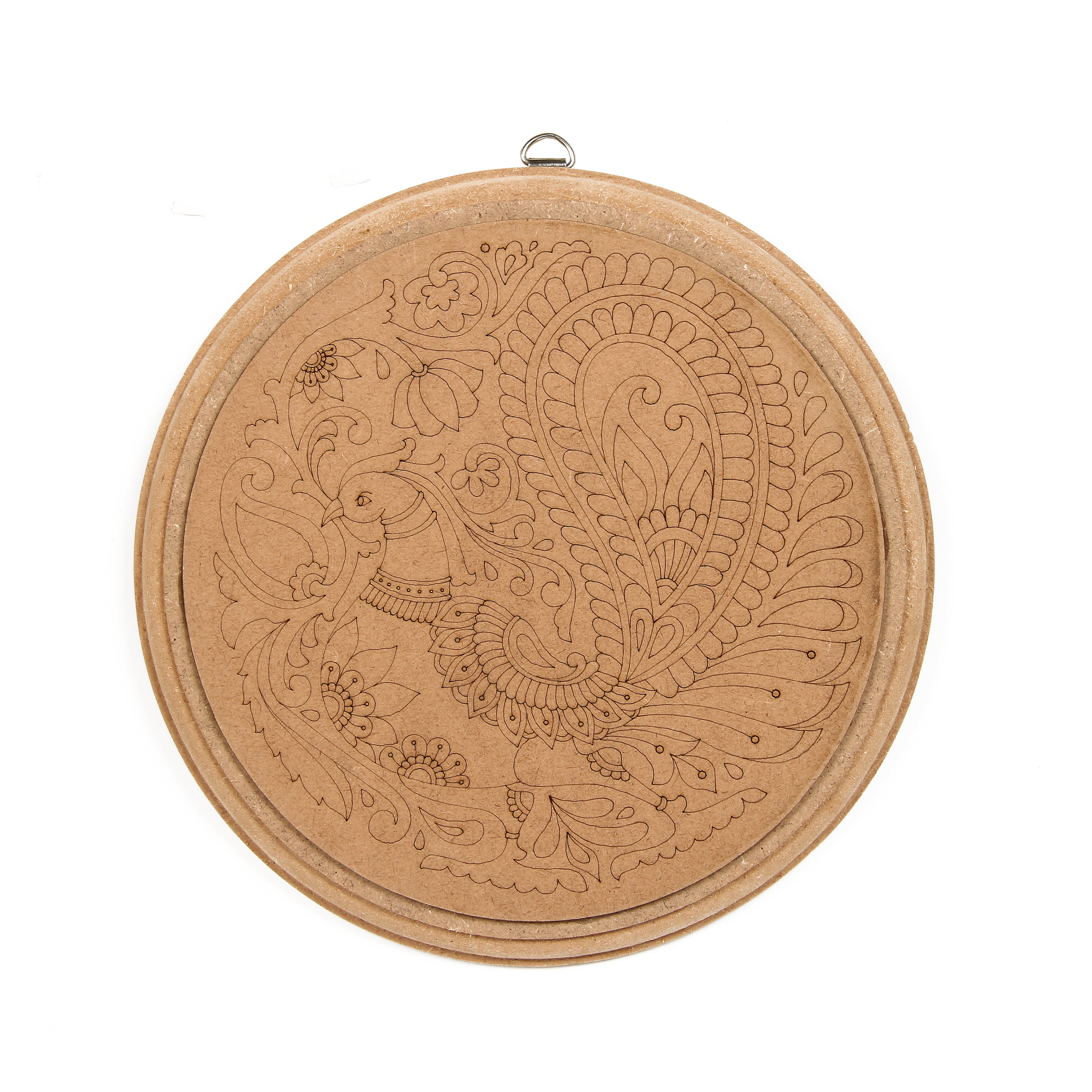MDF Pre Marked Kalamkari Bird D Ring Hanging Hook 4Inch Dia 1Pc Lb