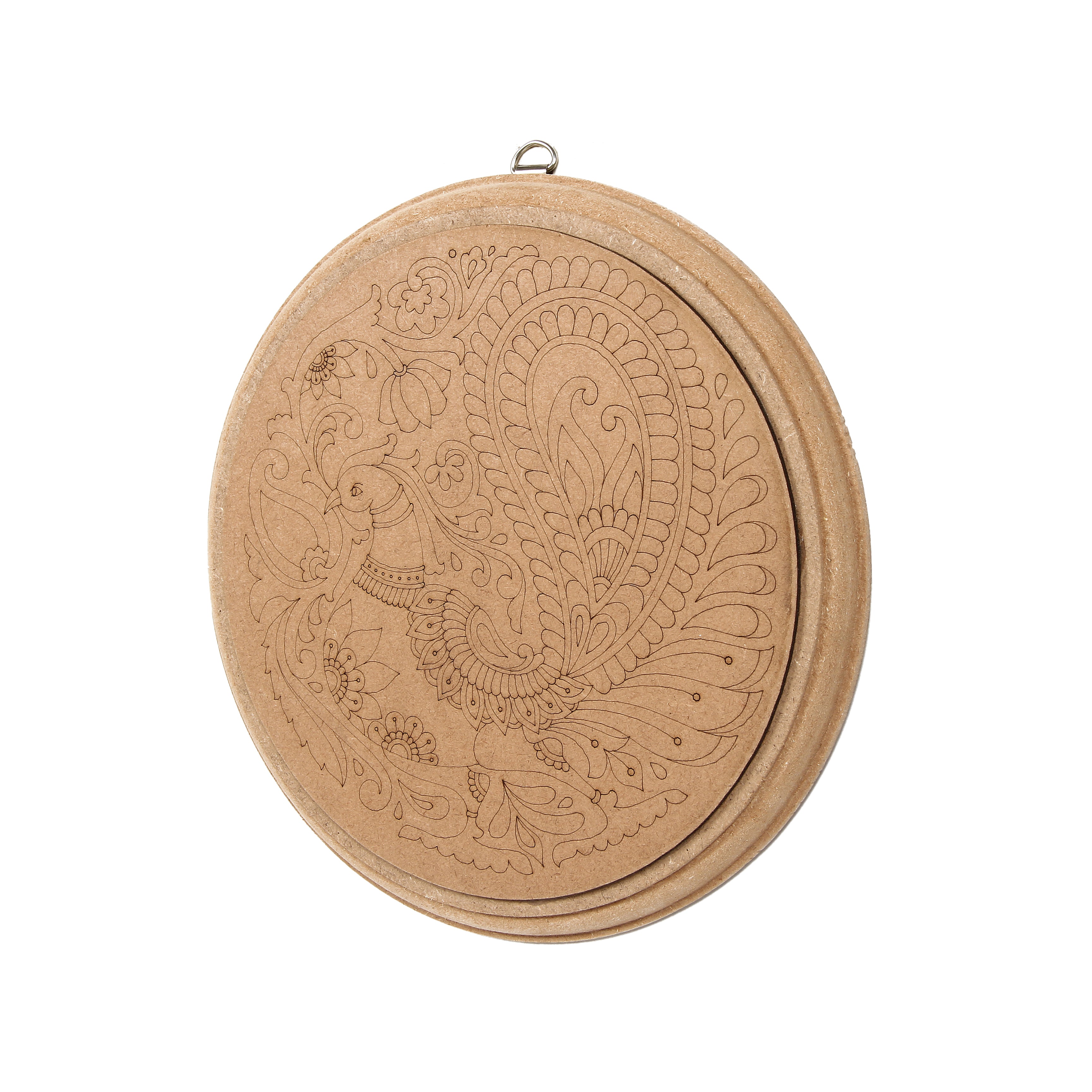 MDF Pre Marked Kalamkari Bird D Ring Hanging Hook 4Inch Dia 1Pc Lb