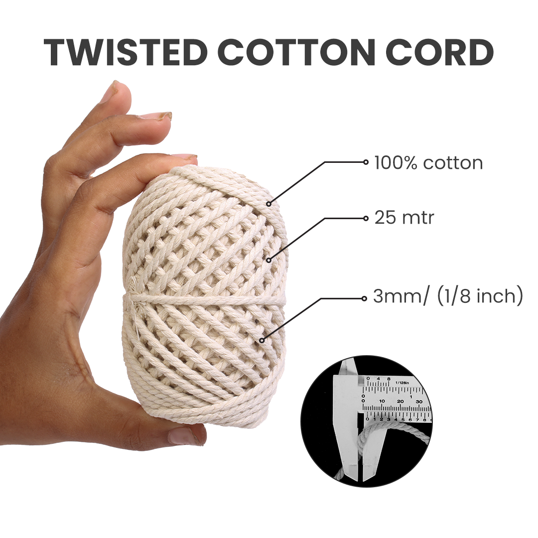 Macrame Cotton Twisted Cord - Off White 3mm 3Ply 25Mtr 1Roll