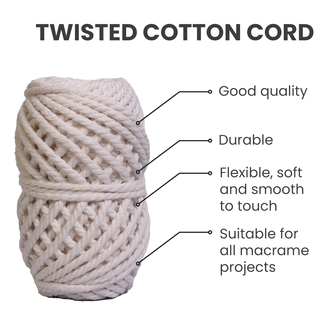 Macrame Cotton Twisted Cord - Off White 3mm 3Ply 25Mtr 1Roll
