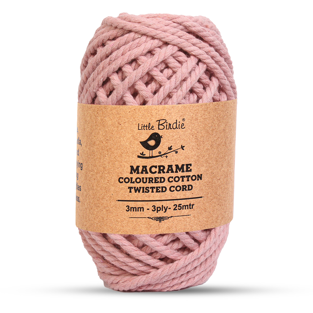 Macrame Cotton Twisted Cord - Baby Pink 3mm 3Ply 25Mtr 1Roll