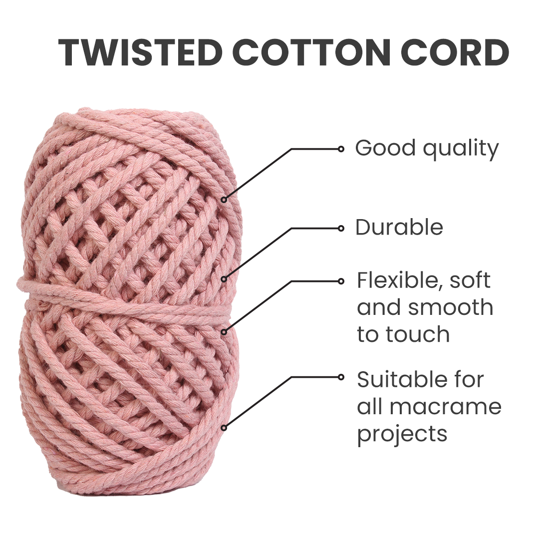Macrame Cotton Twisted Cord - Baby Pink 3mm 3Ply 25Mtr 1Roll