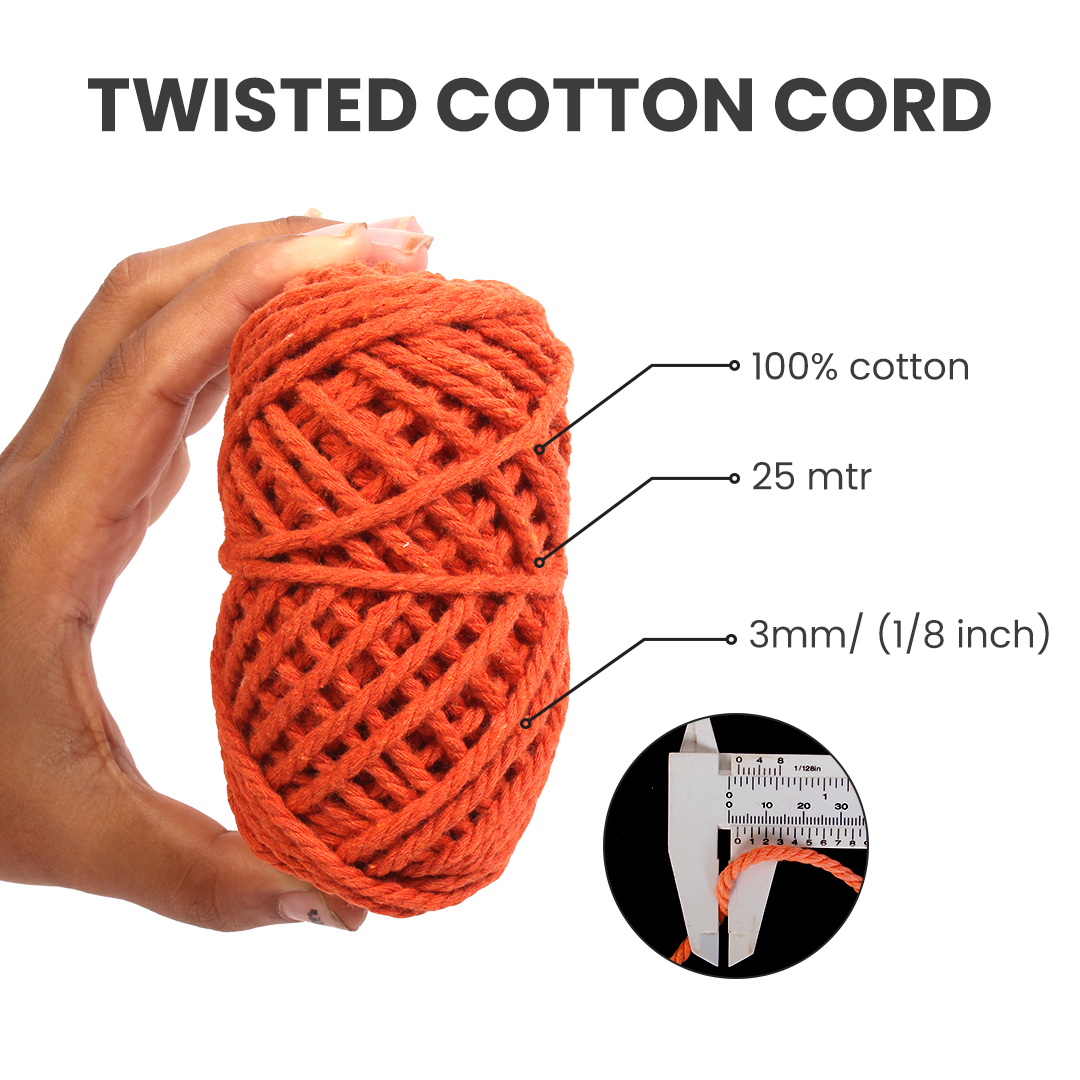 Macrame Cotton Twisted Cord - Tangerine Orange 3mm 3Ply 25Mtr 1Roll