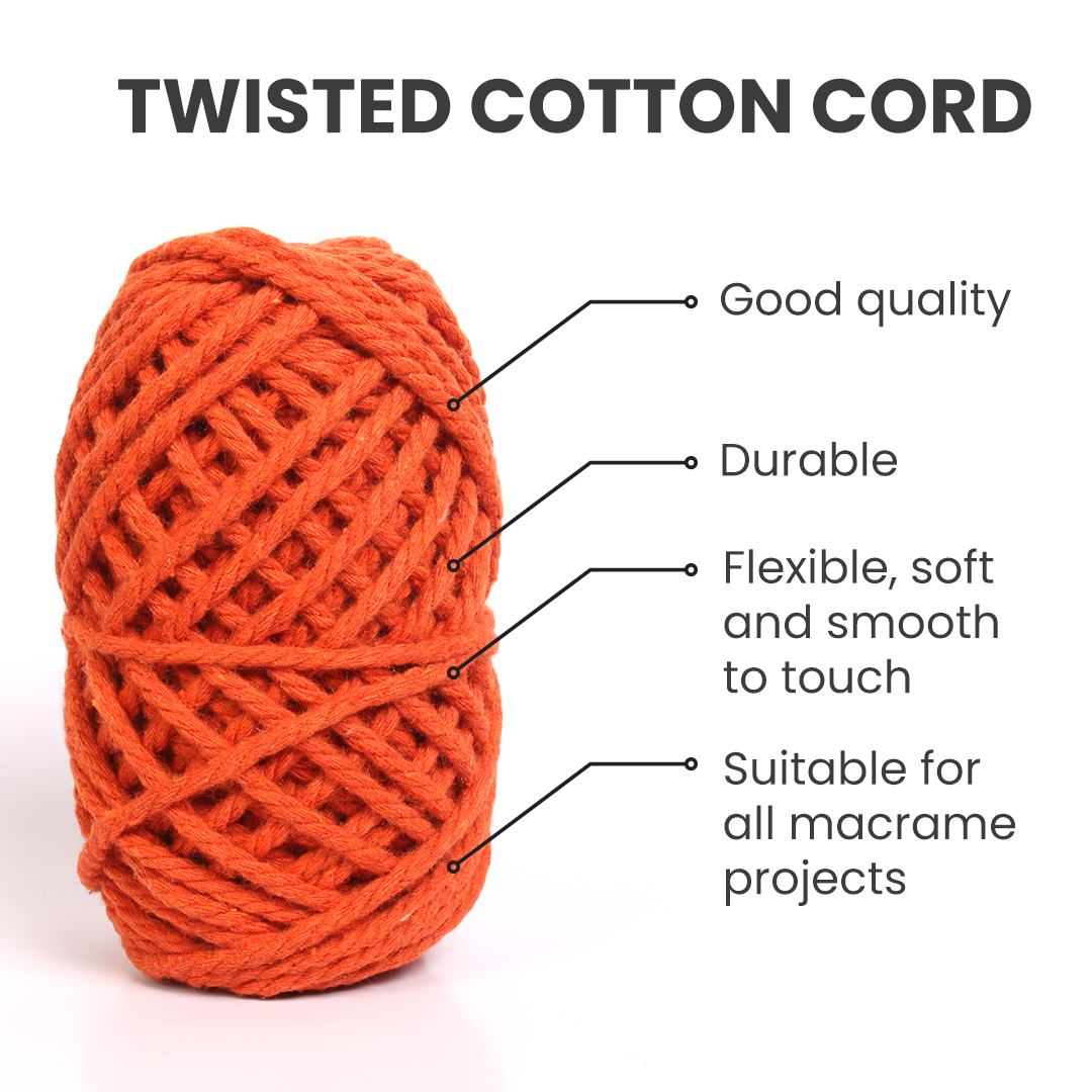 Macrame Cotton Twisted Cord - Tangerine Orange 3mm 3Ply 25Mtr 1Roll