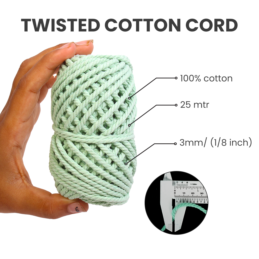 Macrame Cotton Twisted Cord - Apple Green 3mm 3Ply 25Mtr 1Roll