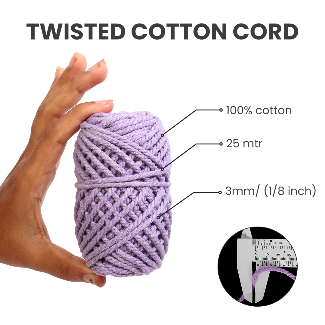 Macrame Cotton Twisted Cord - Lavender 3mm 3Ply 25Mtr 1Roll