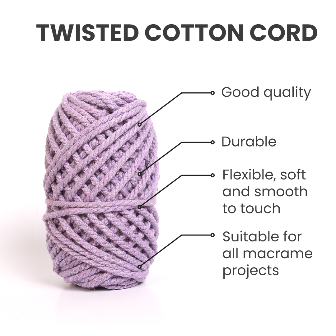 Macrame Cotton Twisted Cord - Lavender 3mm 3Ply 25Mtr 1Roll