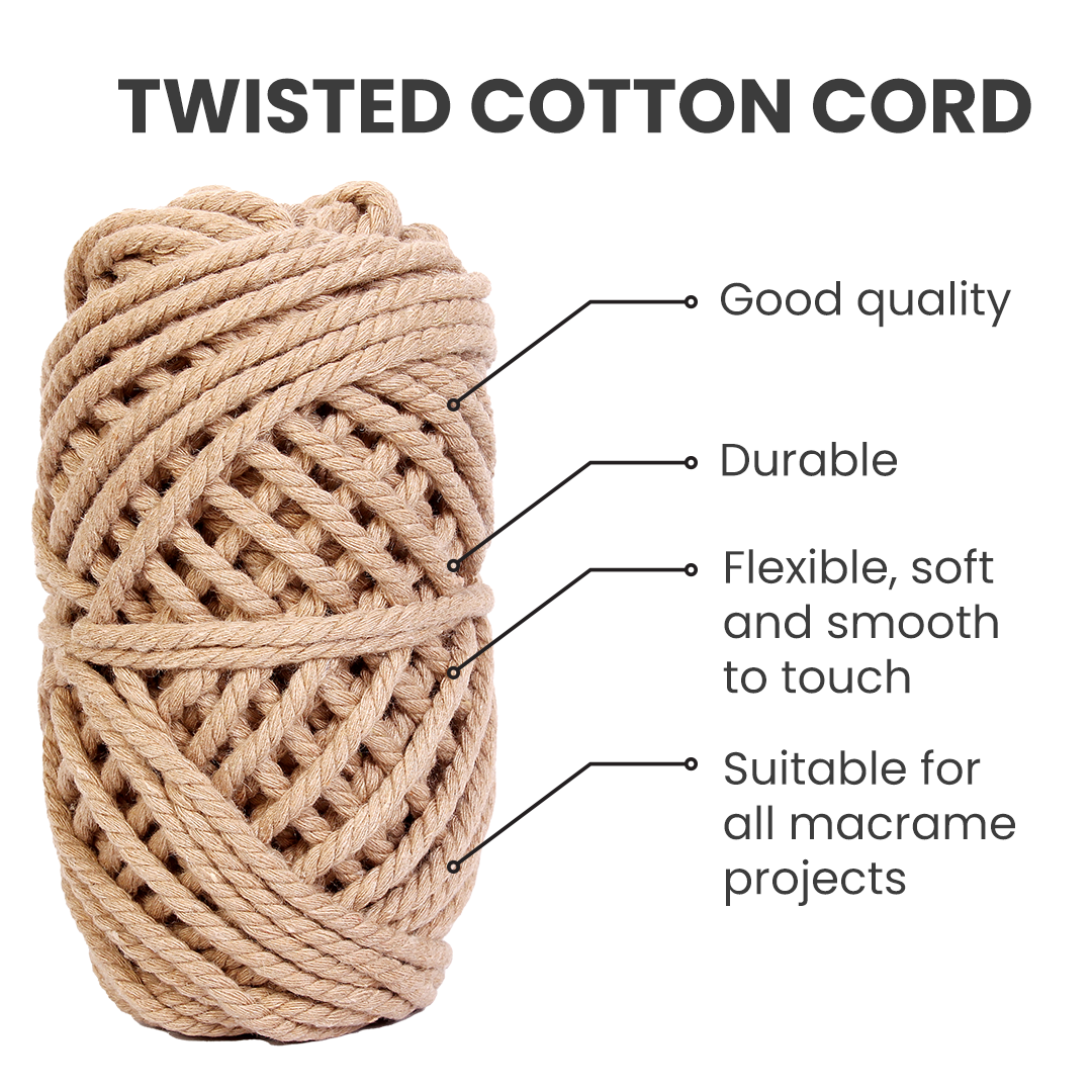 Macrame Cotton Twisted Cord - Kakhi 3mm 3Ply 25Mtr 1Roll