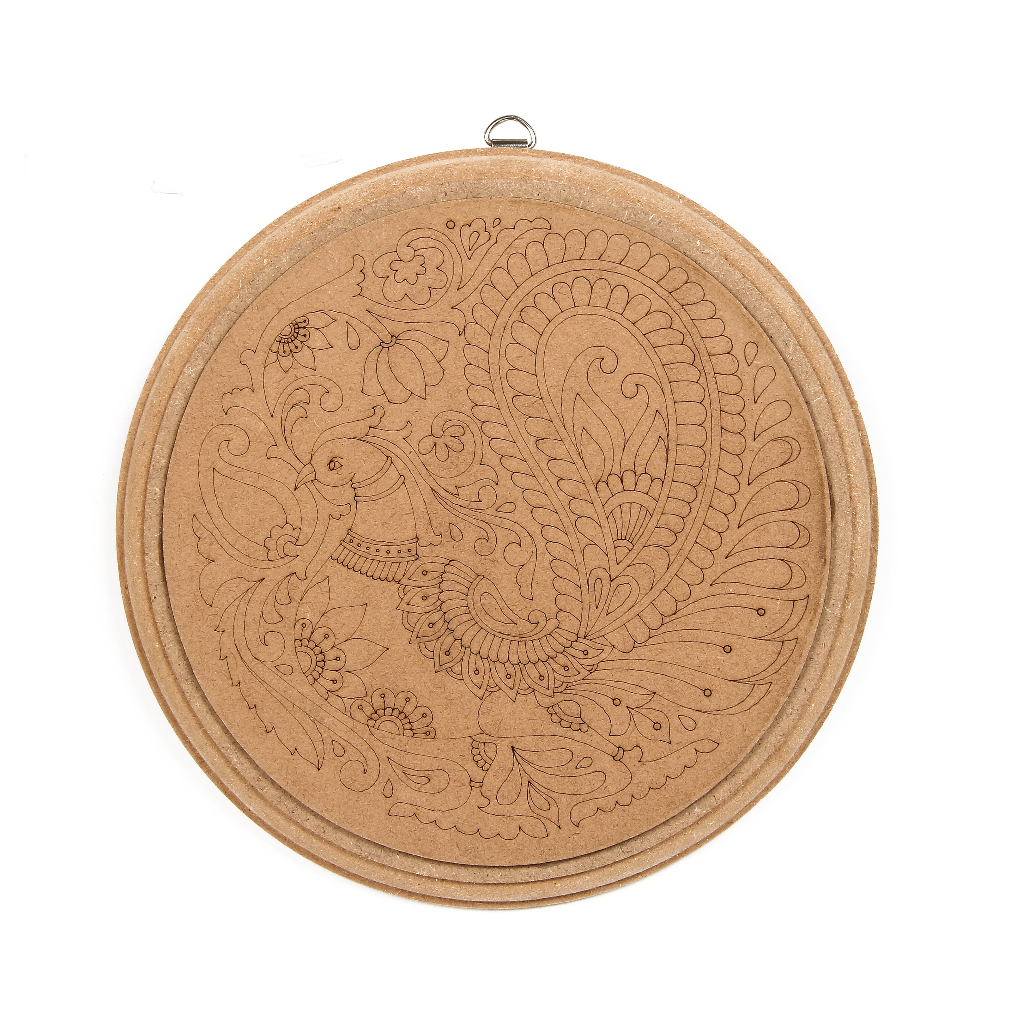 MDF Pre Marked Kalamkari Bird D Ring Hanging Hook 6Inch Dia 1Pc Lb