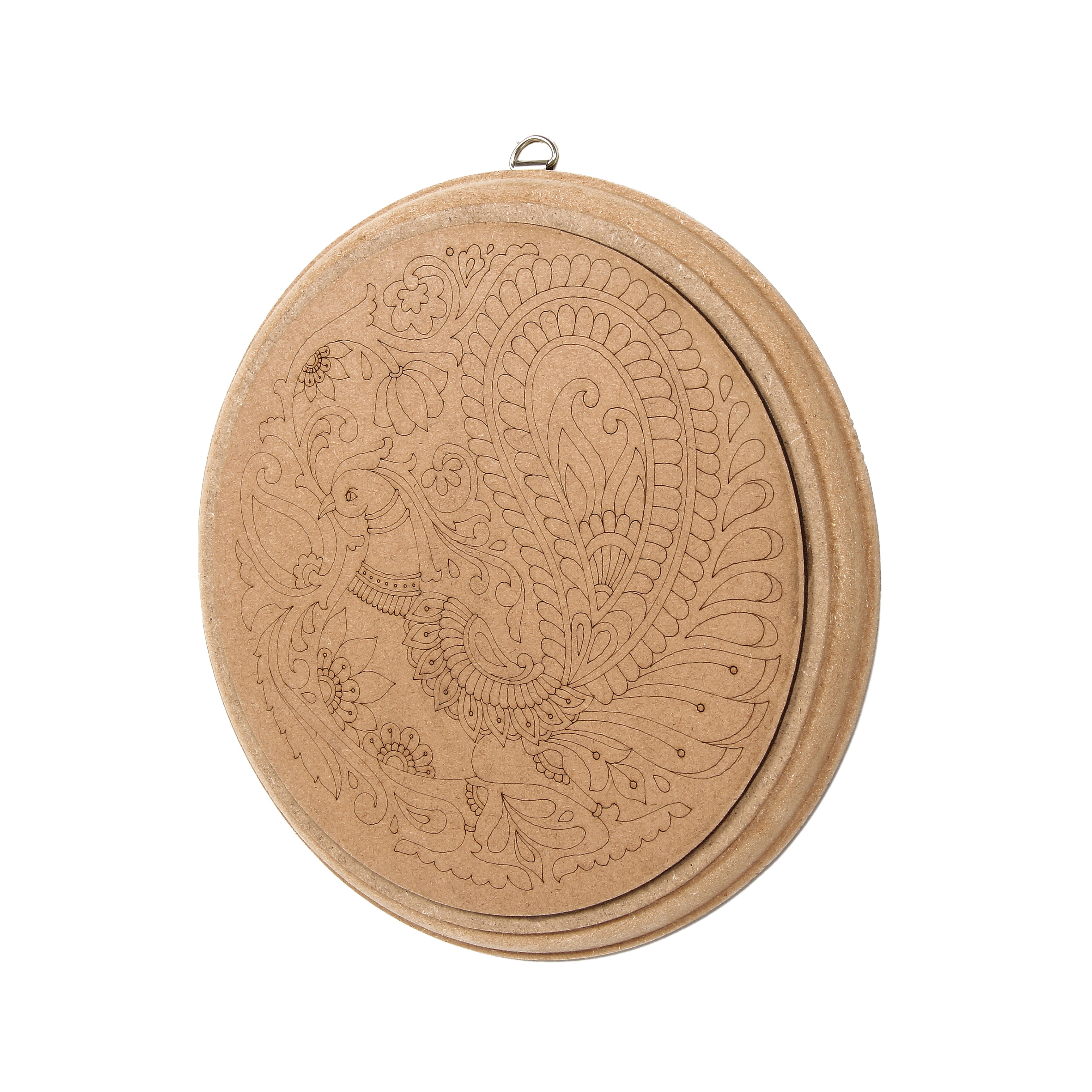 MDF Pre Marked Kalamkari Bird D Ring Hanging Hook 6Inch Dia 1Pc Lb