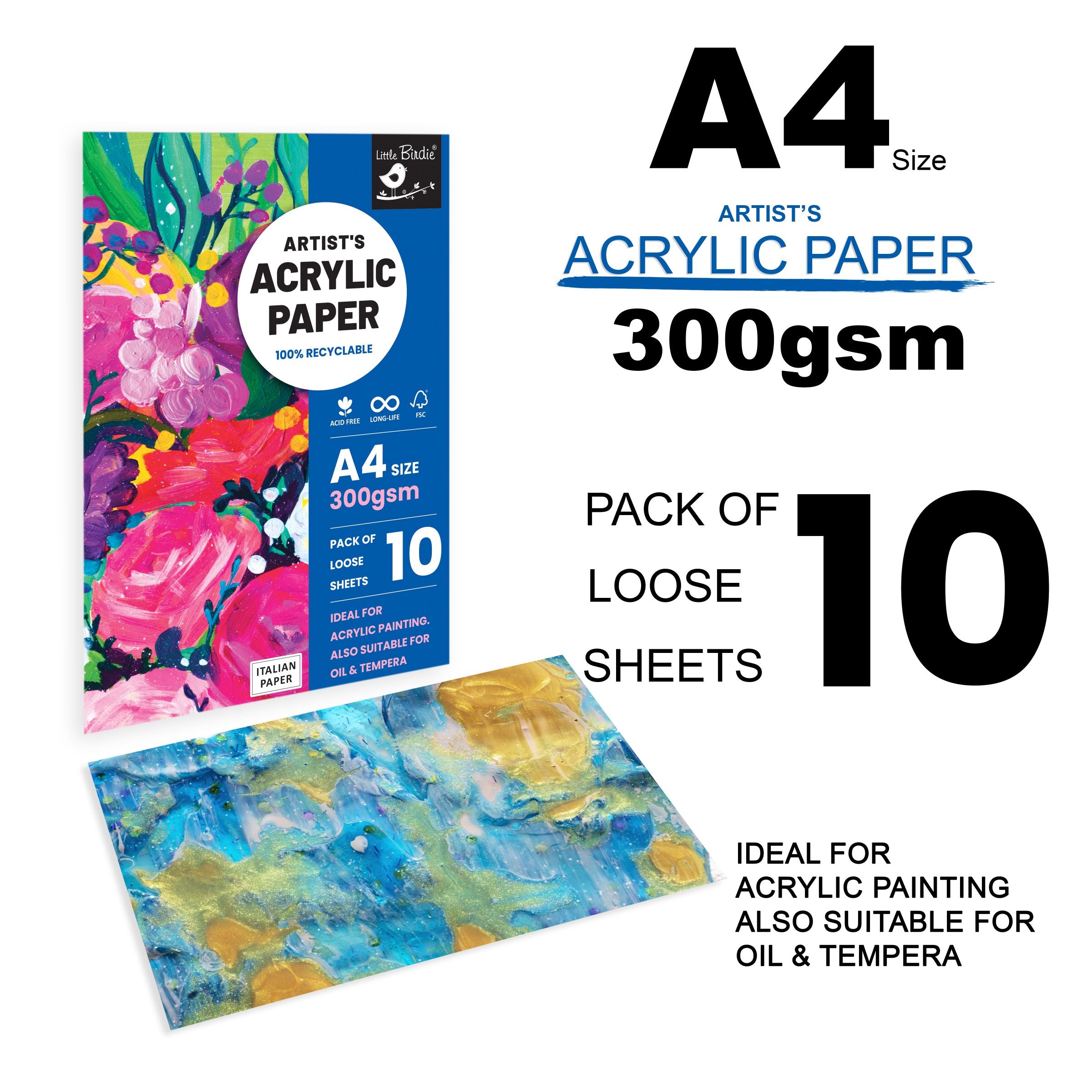Artist`s Acrylic Paper A4 Size 300 Gsm Pack Of 10 Sheets