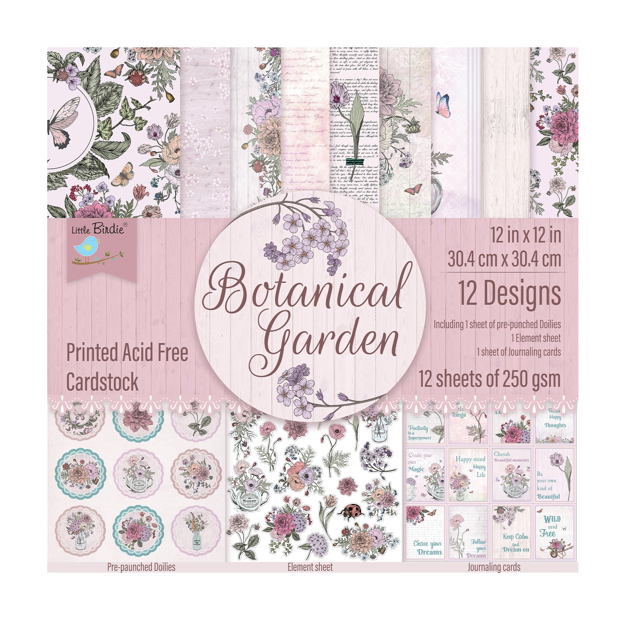 Printed Cardstock Pack - Botanical Garden, 12 X 12inch, 12Designs, 250gsm, 12Sheets