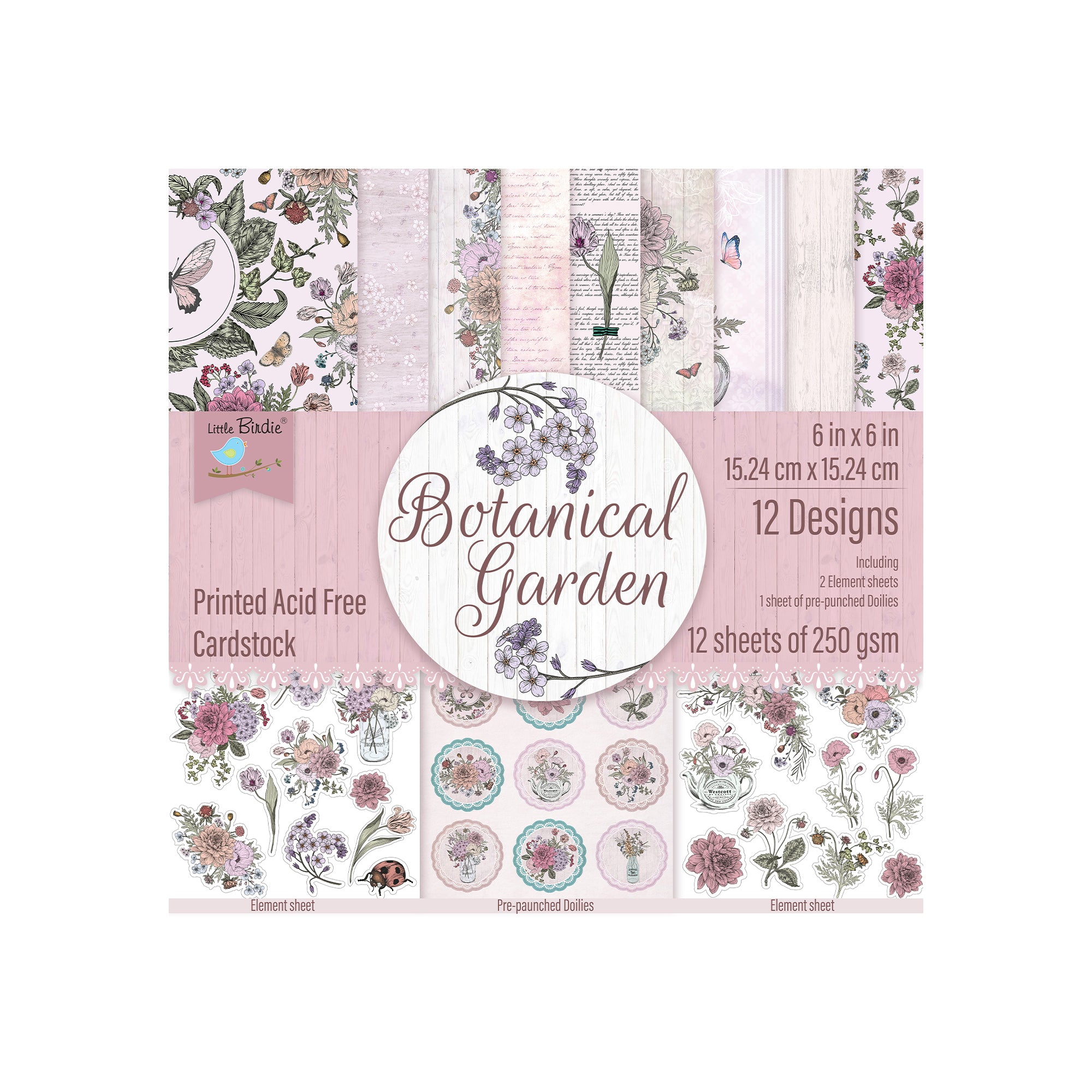 Printed Cardstock Pack - Botanical Garden, 6 X 6inch, 12Designs, 250gsm, 24Sheets