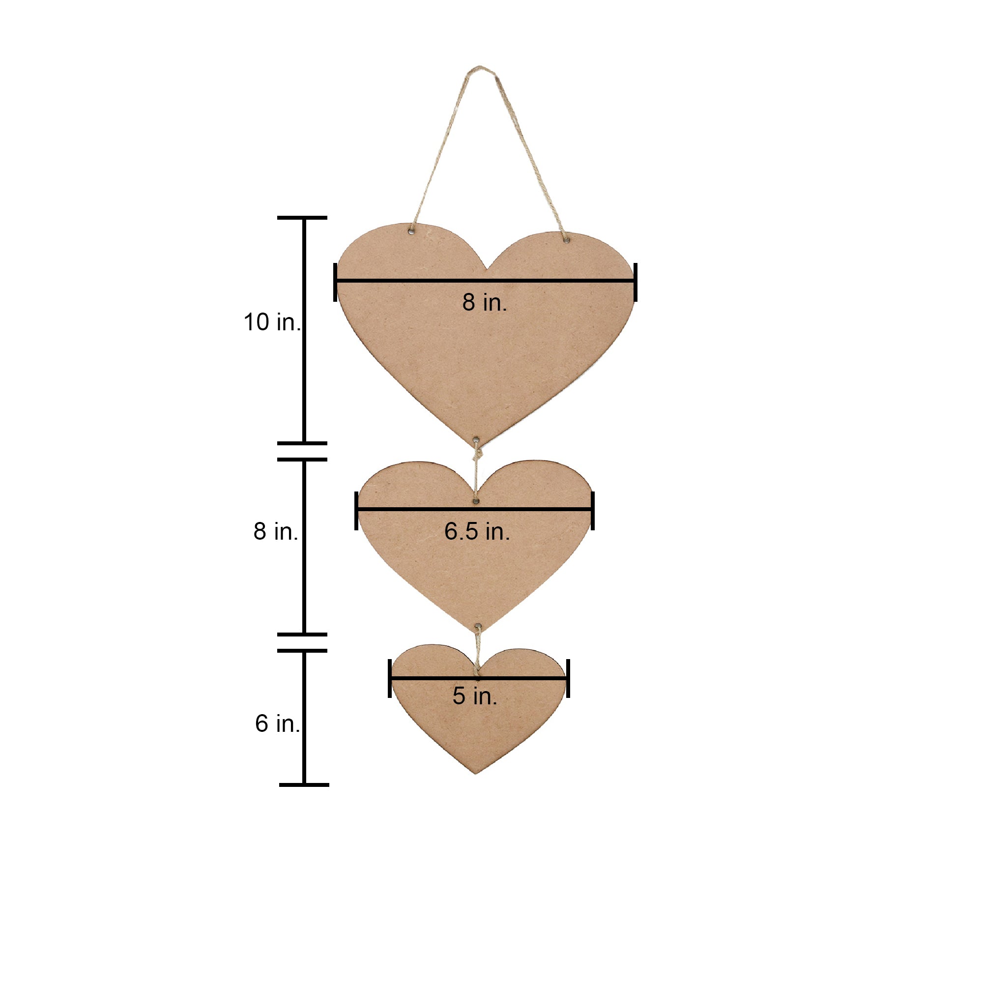 MDF Hanging Heart With Jute Twine 10 X 8Inch 8 X 6.5Inch 6 X 5Inch 5.5Mm Thick 3Pc Pb Lb