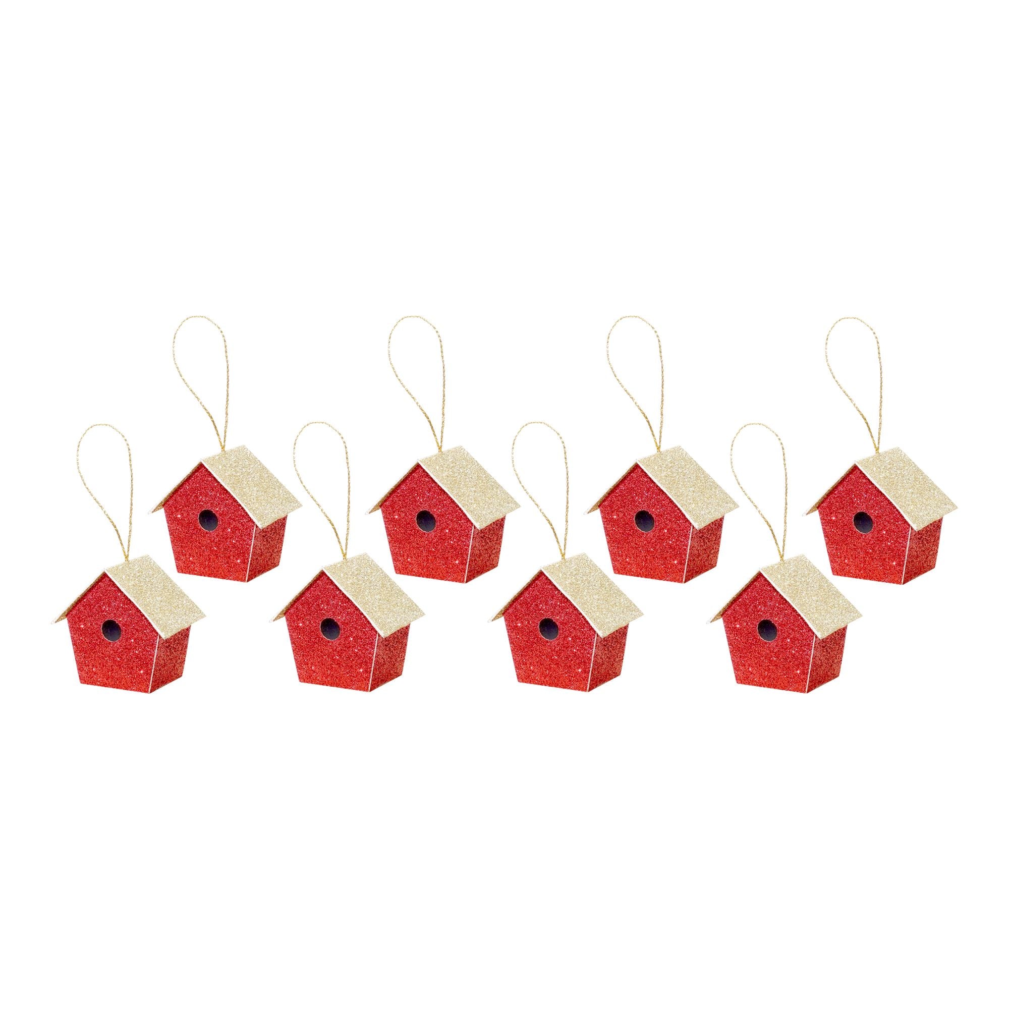 Handmade Christmas Ornaments - Glitter Bird house, H 1.5 X W 1.5 X L 1inch, Red, 8pc