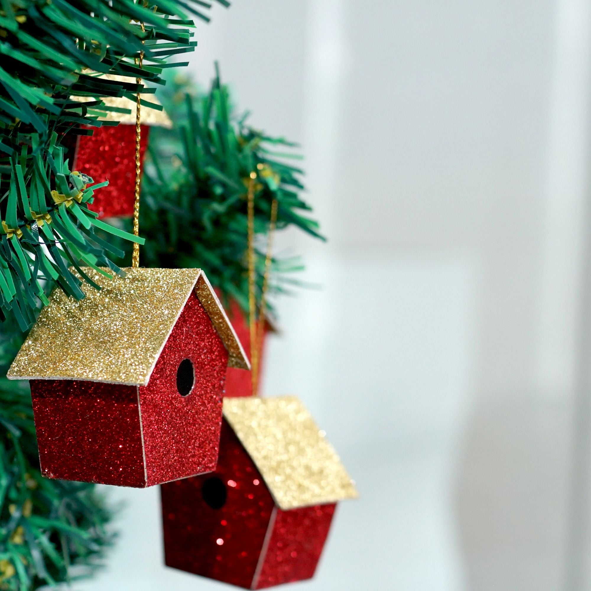 Handmade Christmas Ornaments - Glitter Bird house, H 1.5 X W 1.5 X L 1inch, Red, 8pc