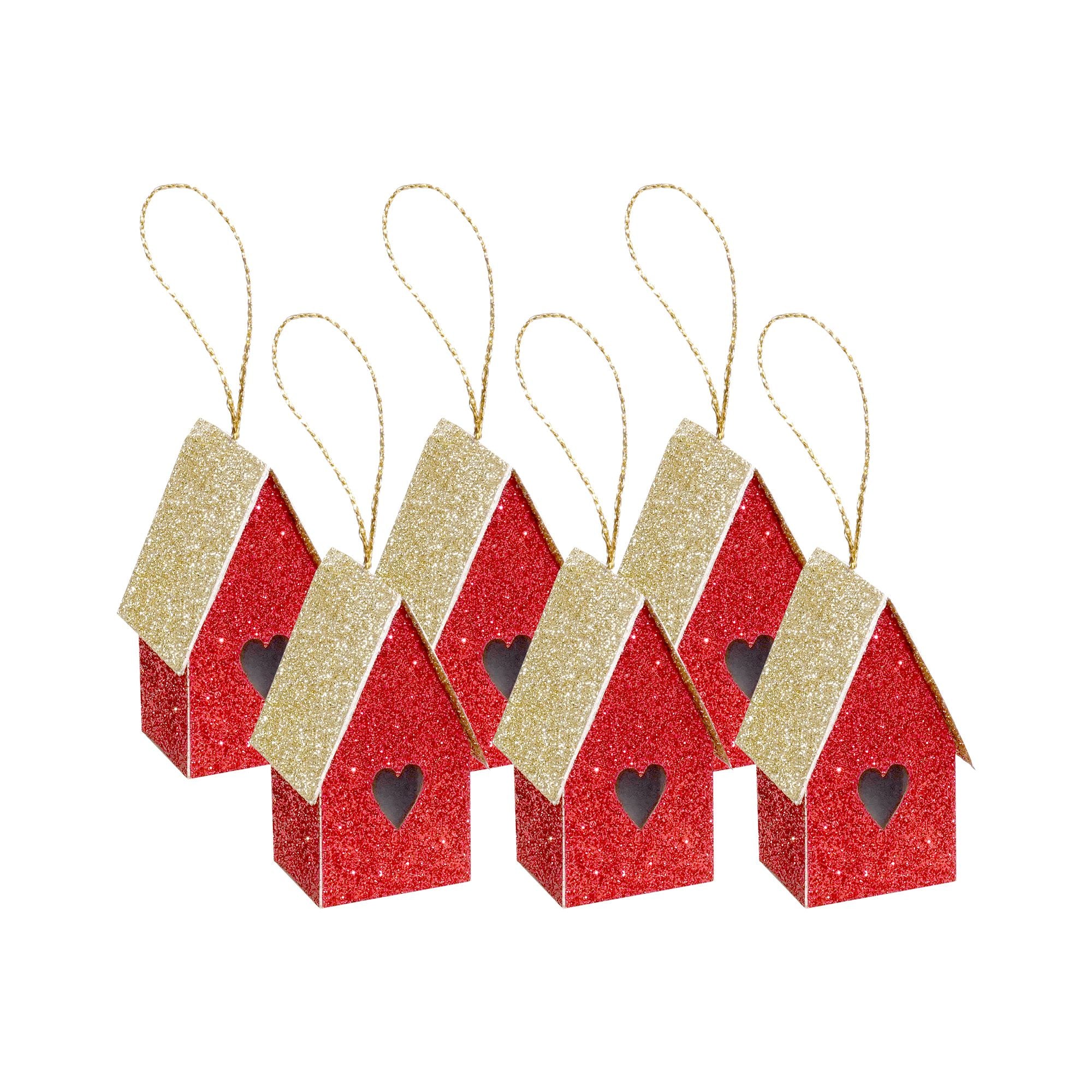 Handmade Christmas Ornaments - Glitter Bird house, Height 2 X Width 2 X Length1.18inch, Red, 6pc