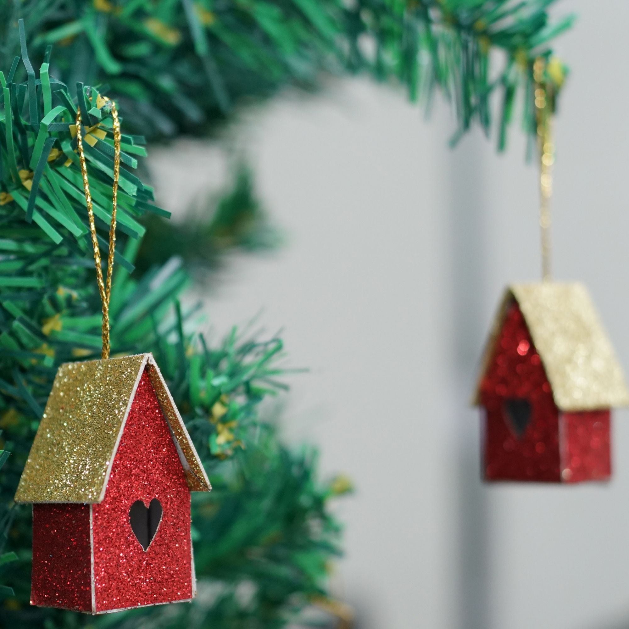 Handmade Christmas Ornaments - Glitter Bird house, Height 2 X Width 2 X Length1.18inch, Red, 6pc