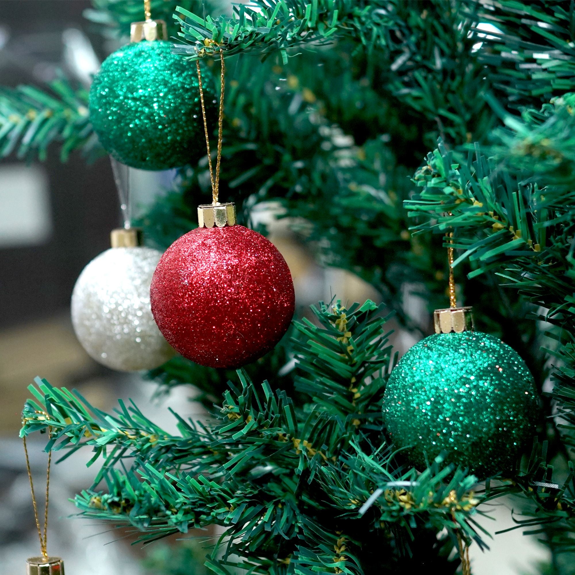 Handmade Christmas Ornaments - Glitter Baubles, 50mm, Assorted Colours - Gold, Red, Green, Silver, 8pc