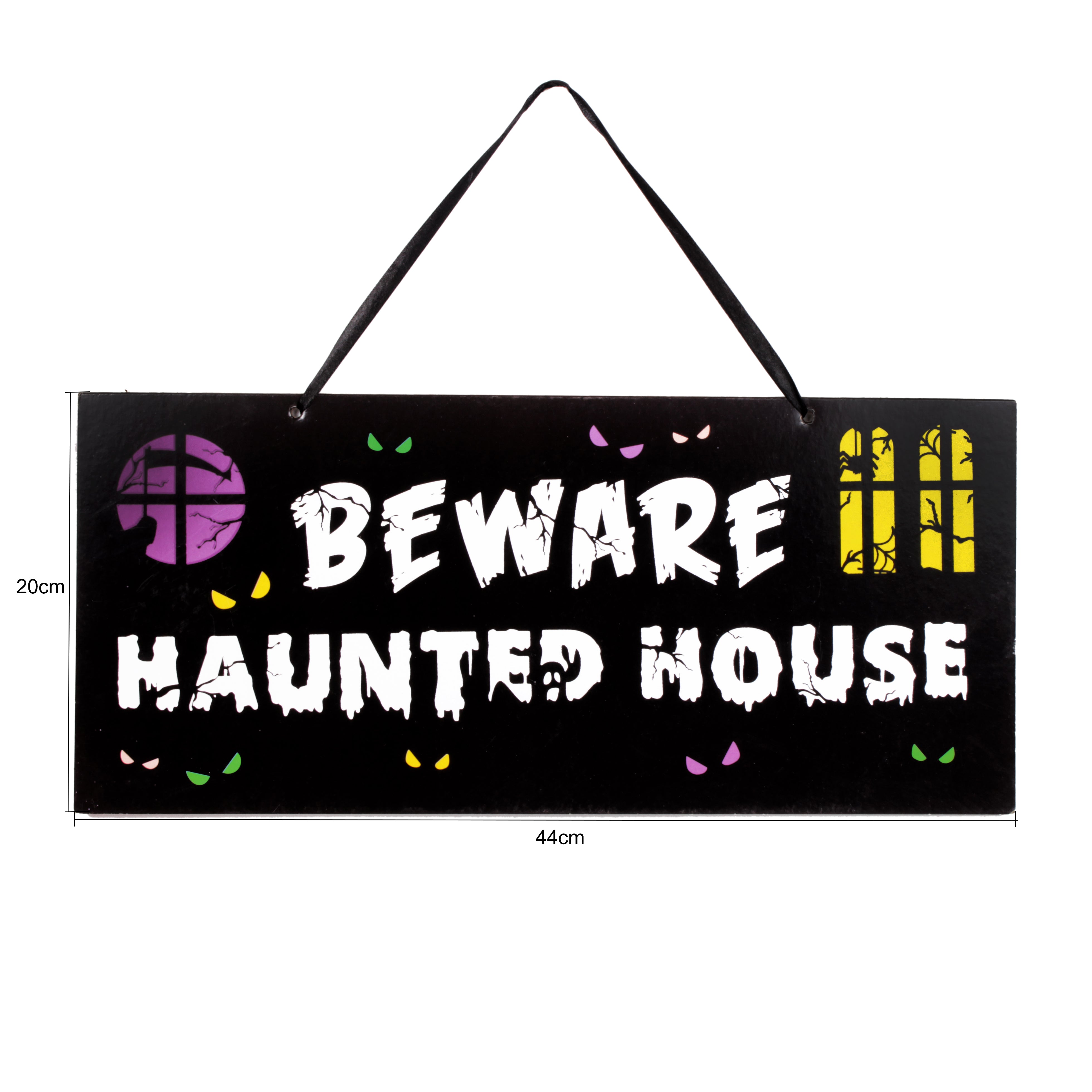 Warning Sign - Beware Haunted House - Hanging Sign Board 45cm x 20cm