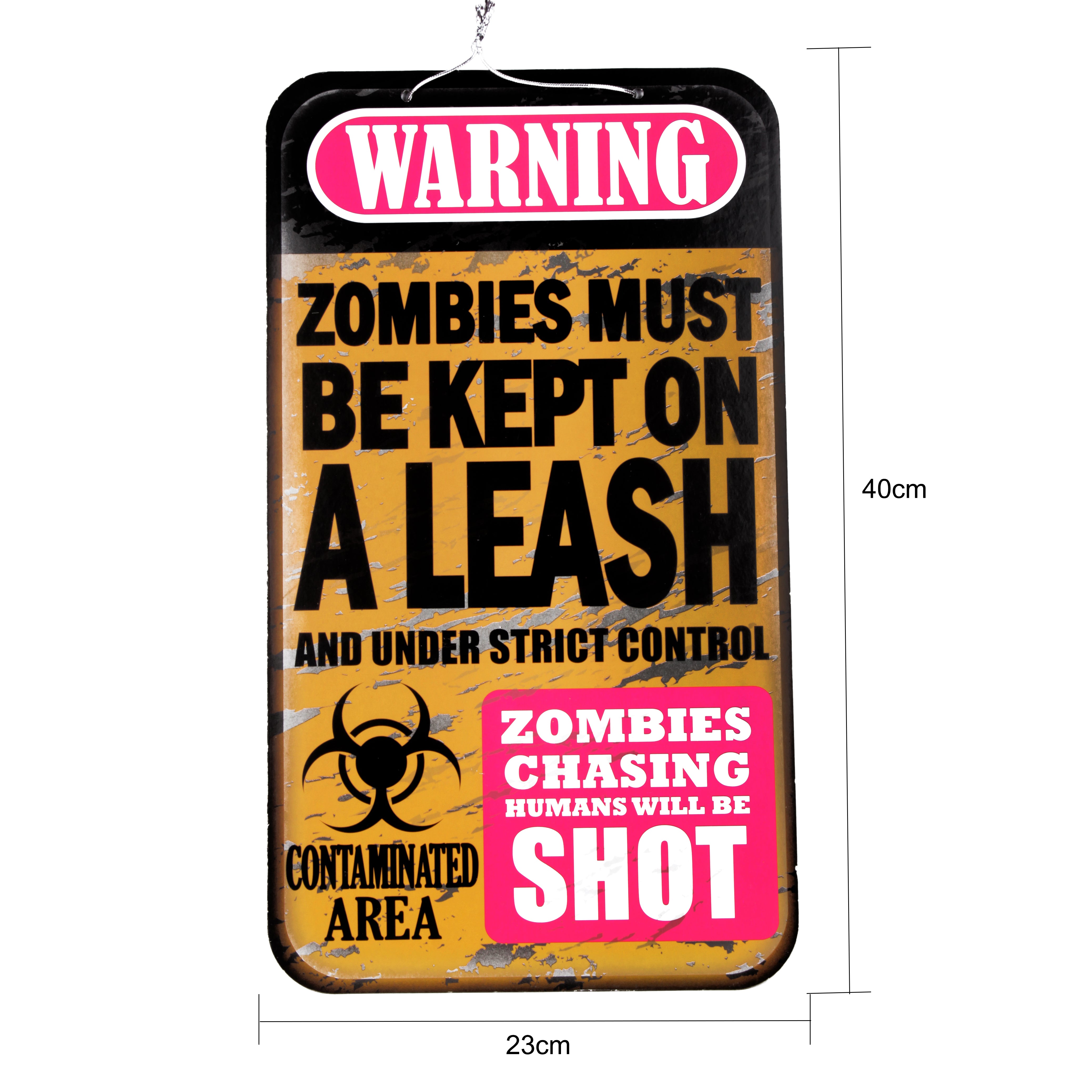 Warning Sign - Zombies Chasing Humans will be Shot - Hanging Sign Board 23 x 40cm
