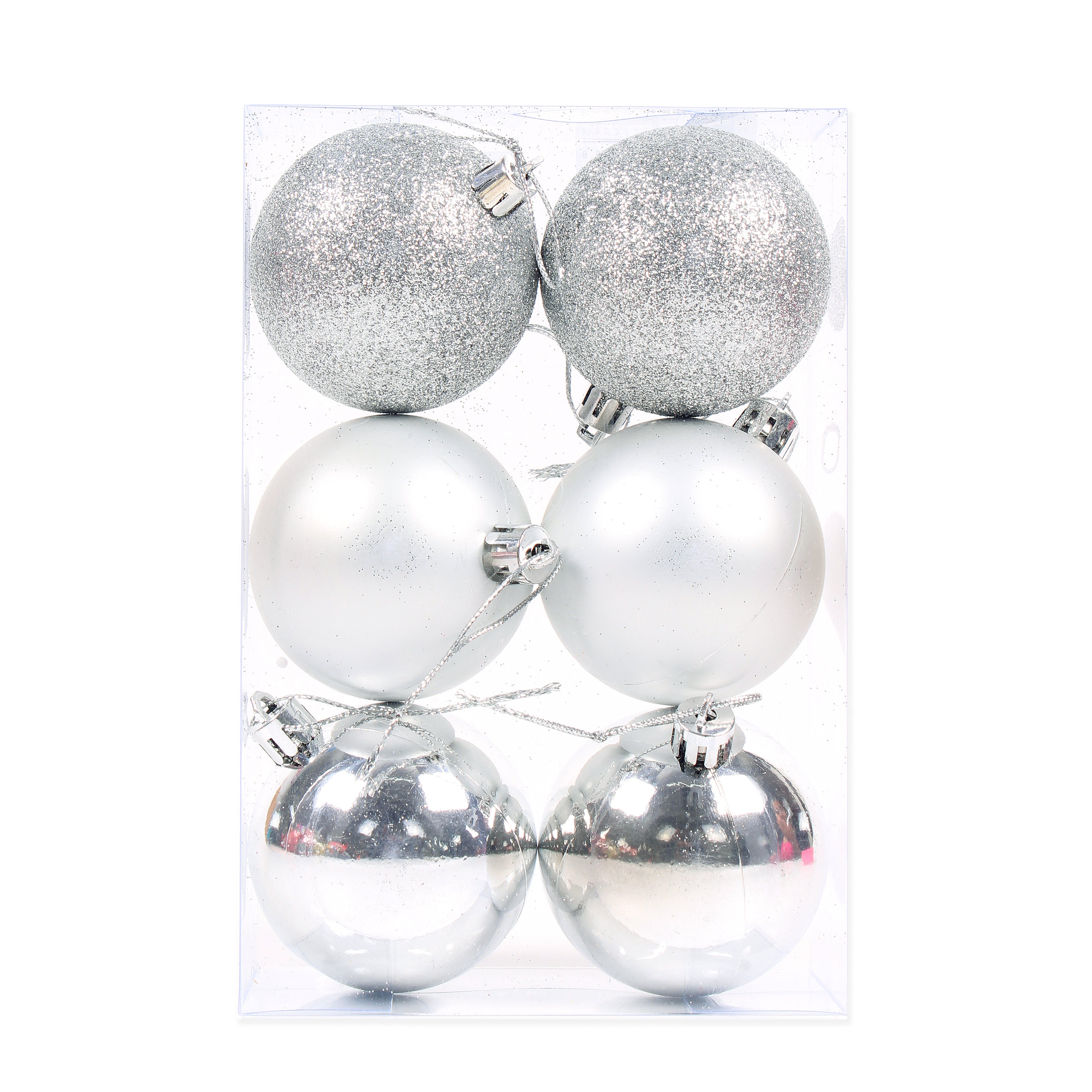 Christmas Tree Decoration Baubles Silver(Matte, Glossy & Glitter) 6pc Acetate