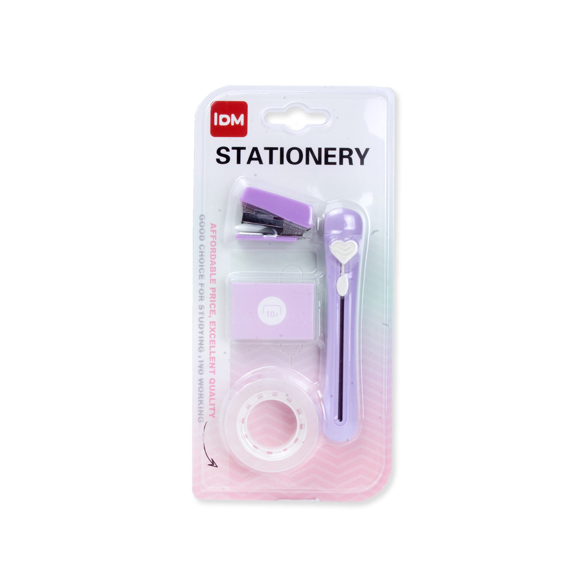 Mini Stapler, Stapler Pin No.10, Cutter with Dispenser Tape Purple 4pcs Set Blister