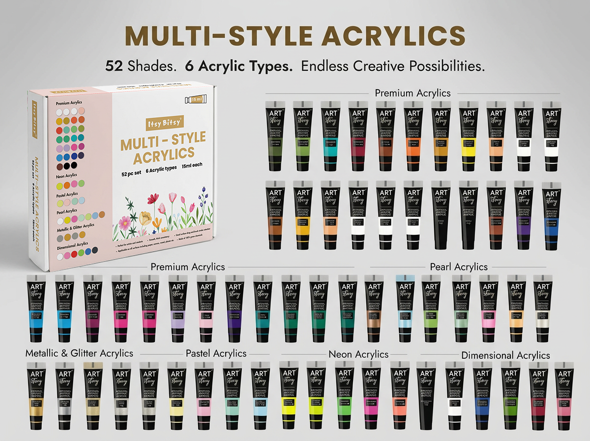 Multi Style Acrylics Set 52 Colors X 15ml each Box