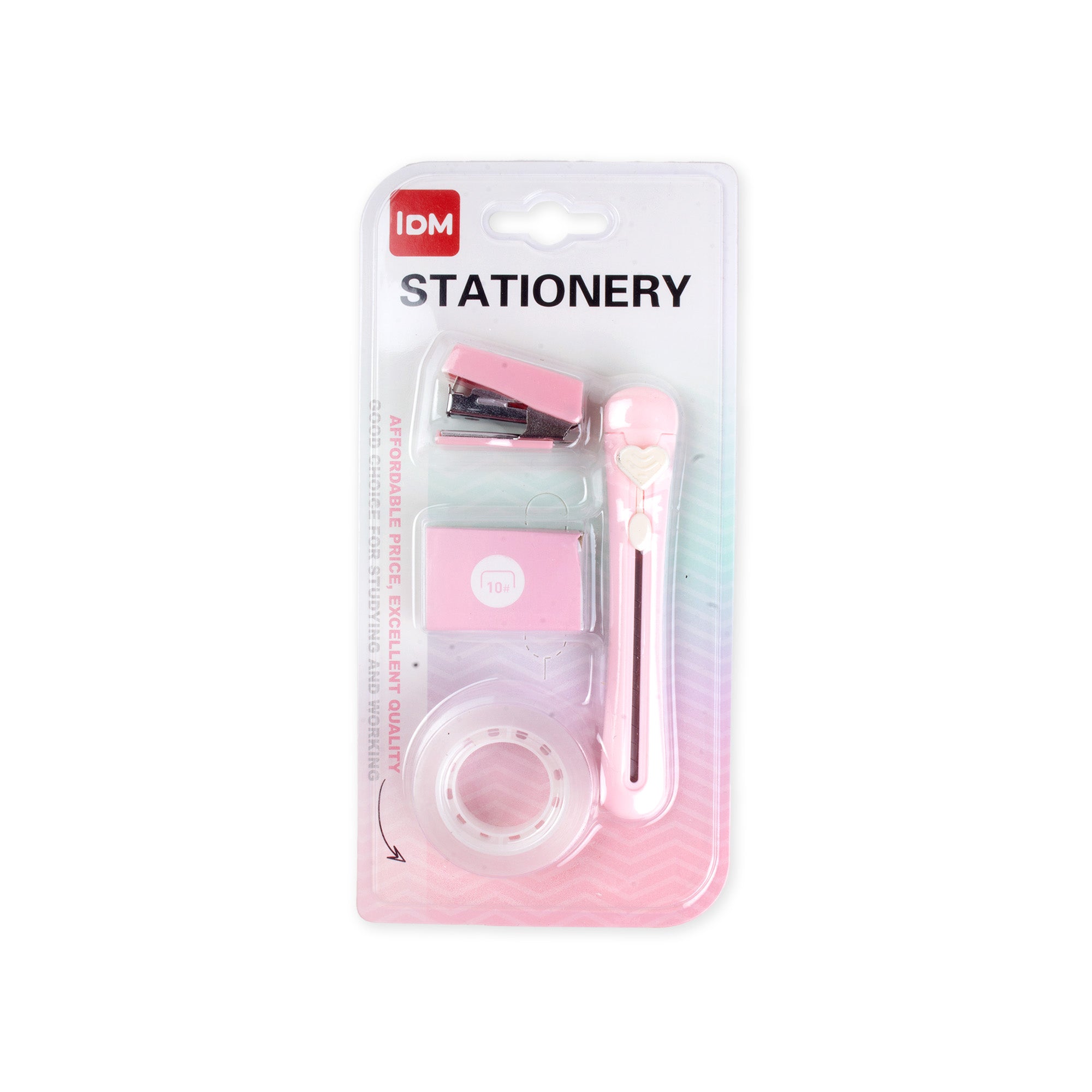 Mini Stapler, Stapler Pin No.10, Cutter with Dispenser Tape Pink 4pcs Set Blister