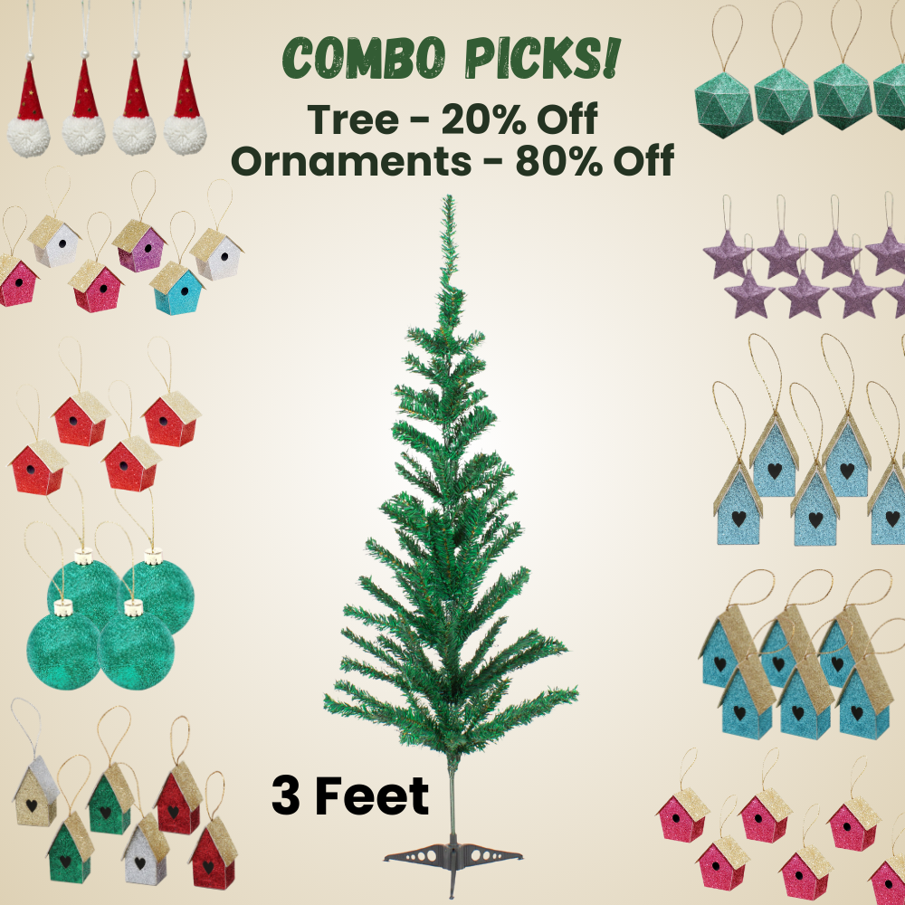 3 Feet - Christmas Festive Tree 80 Branches (90cm) 1pc + (Ornaments Combo)