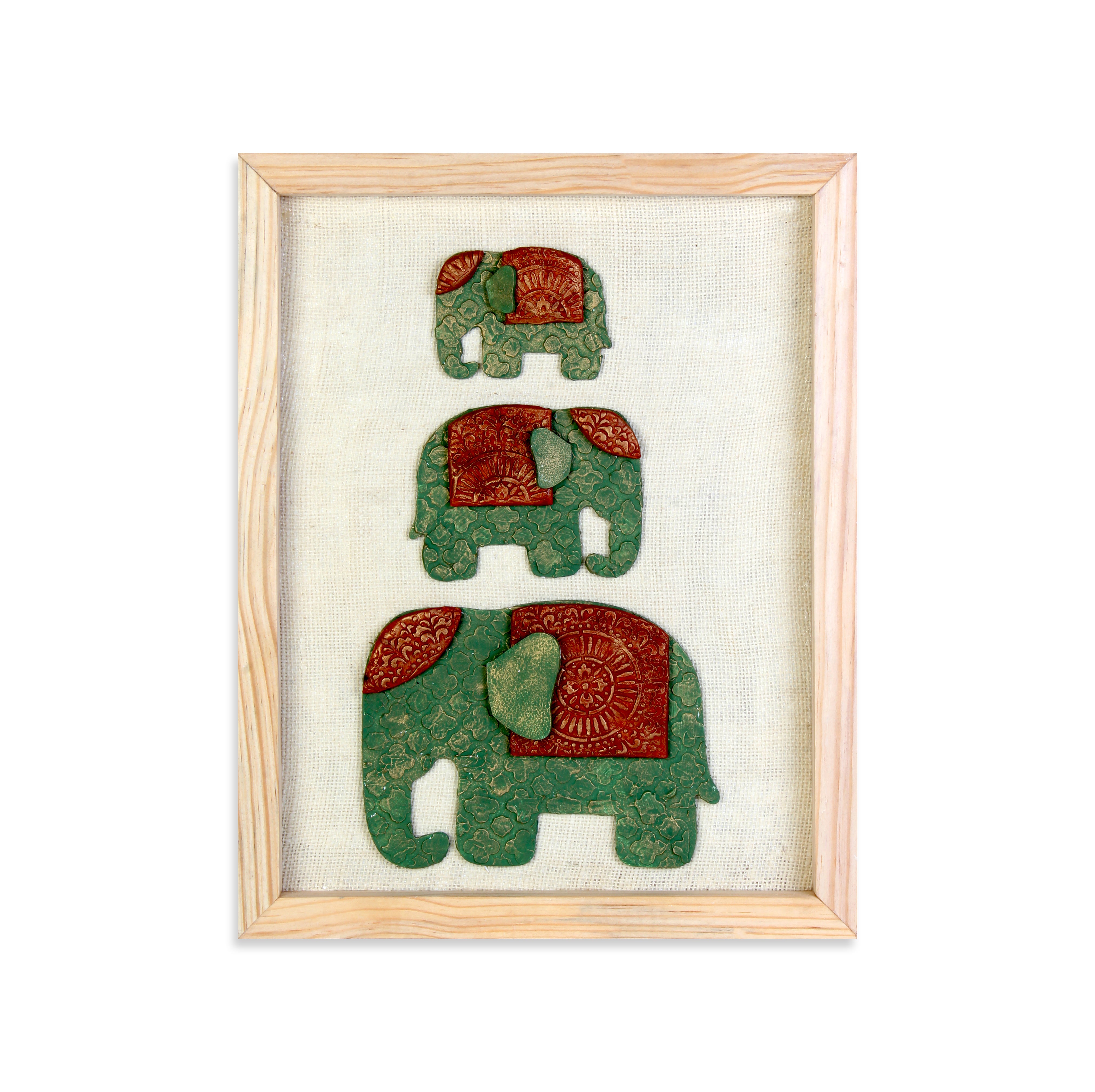 Wall Decor Handmade Majestic Elephant Green and Red with Wooden Frame Approx H14 X L11 X D0.66inch