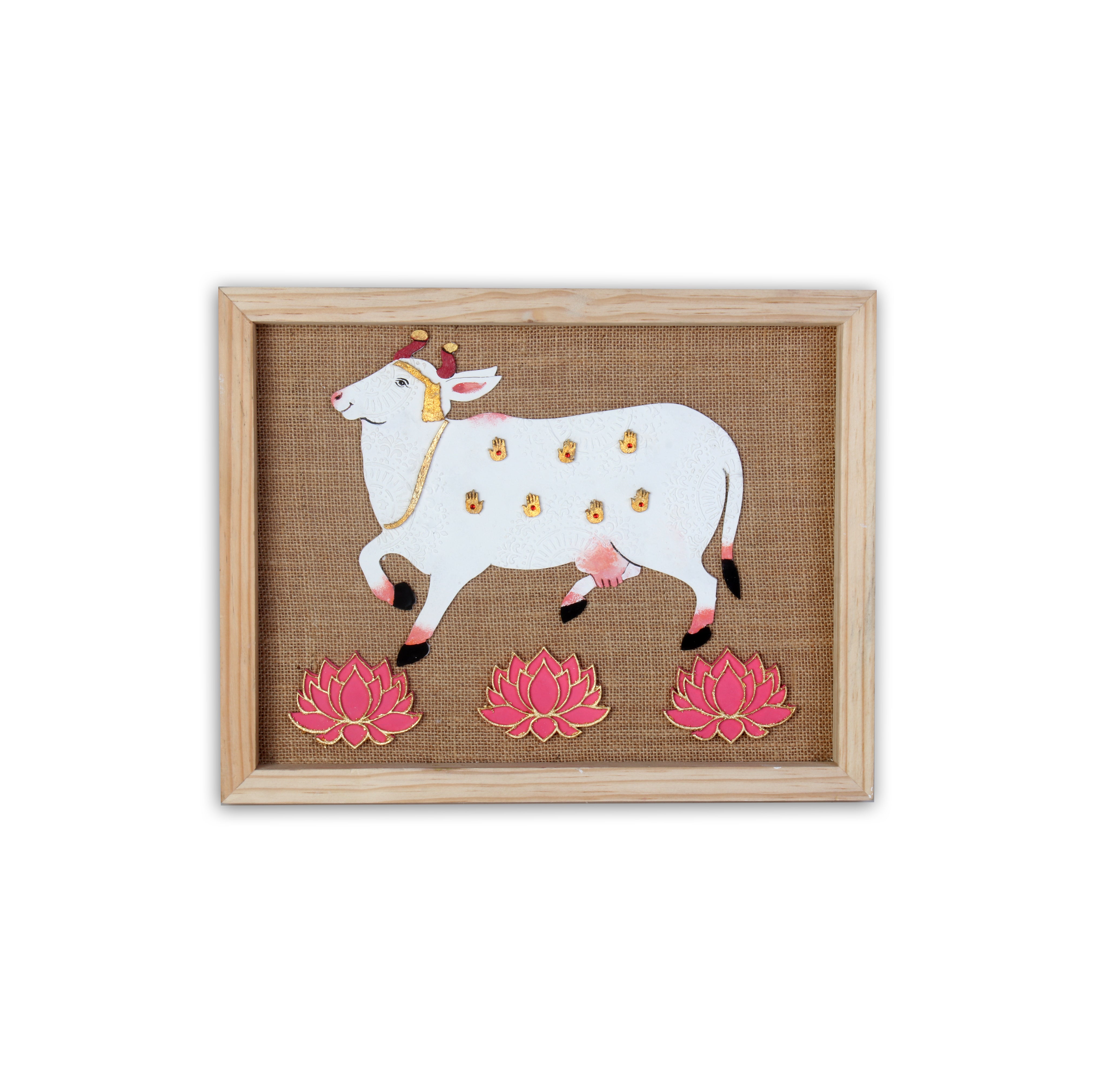 Wall Decor Pichwai Cow & Lotus with Wooden Frame Approx H14 X L11 X D0.66inch 1pc