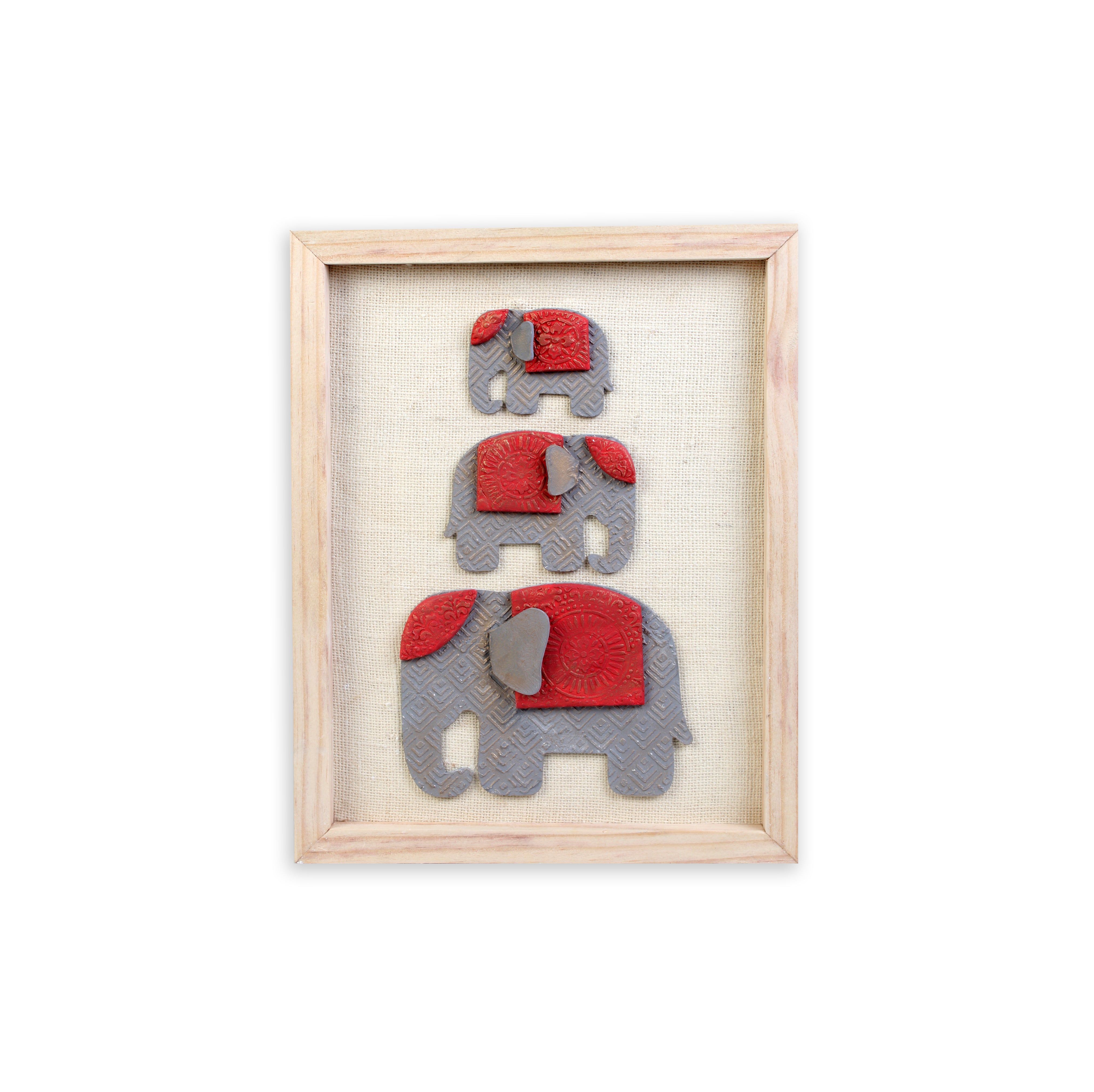 Wall Decor Hmade Majestic Elephant Grey and Red with Wooden Frame Approx H14 X L11 X D0.66inch 1pc