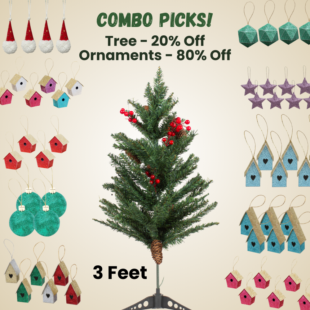 3 Feet - Premium Christmas Tree with Pine Cones & Red Berries (90cm) 1pc Box + (Ornaments Combo)
