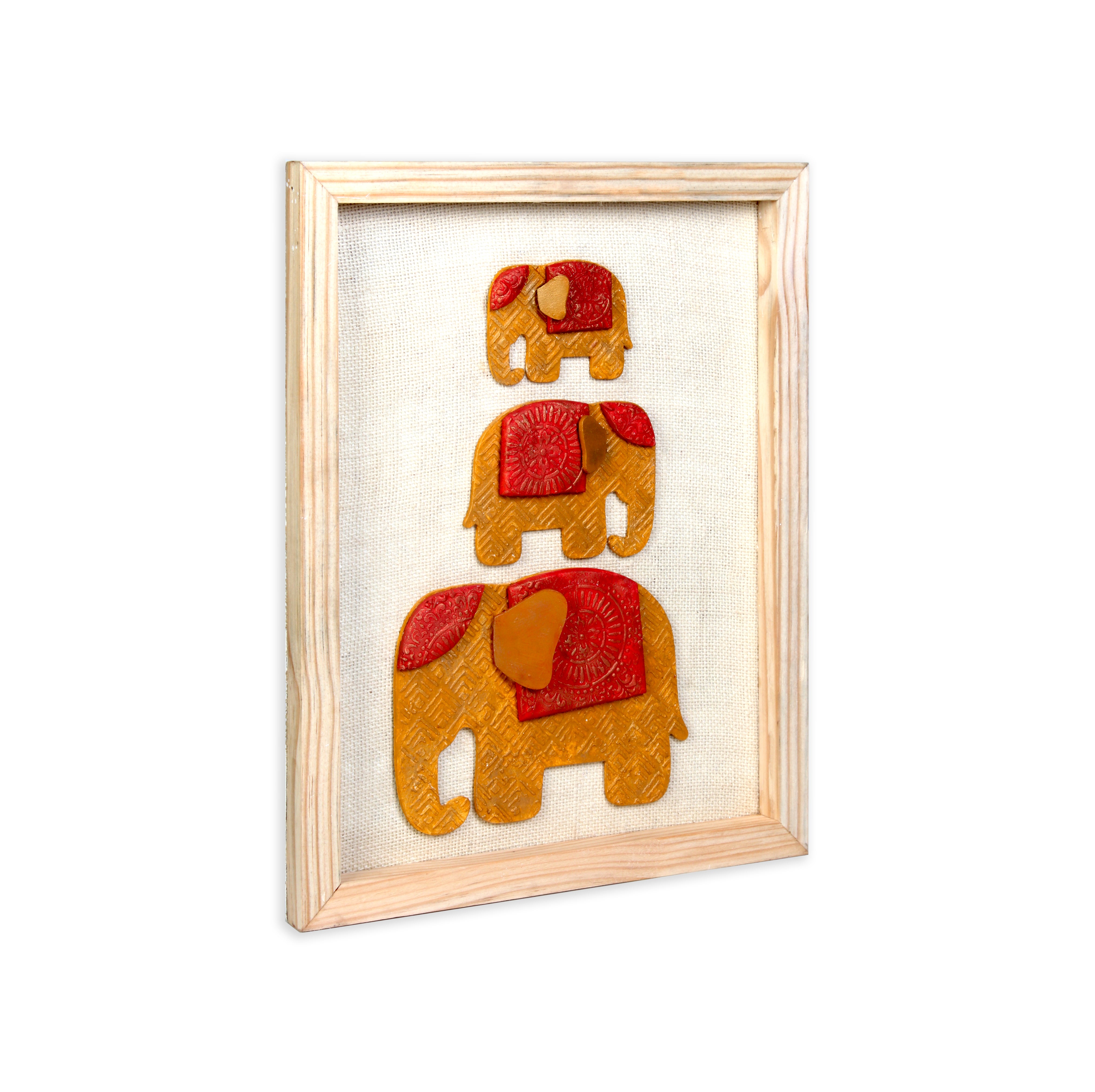 Wall Decor Handmade Majestic Elephant Yellow and Red with Wooden Frame Approx H14 X L11 X D0.66inch