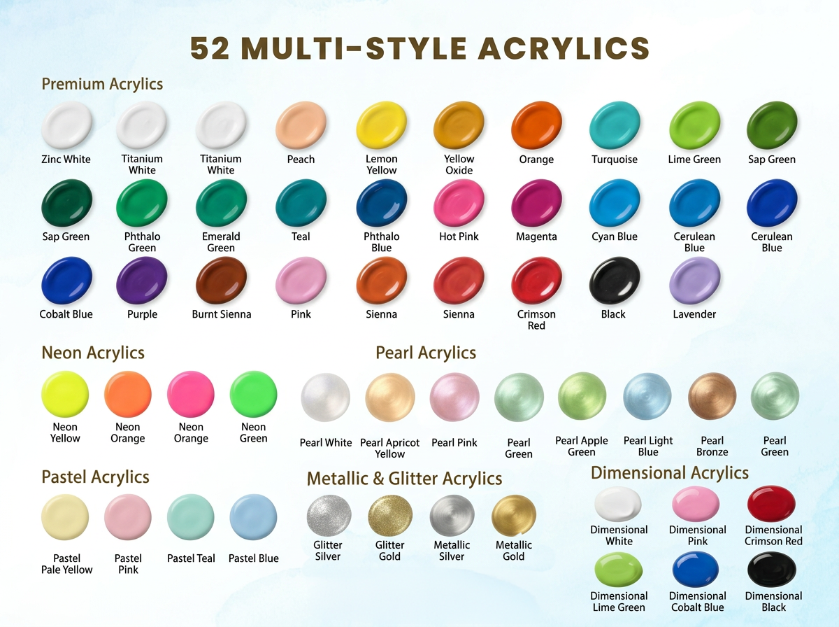 Multi Style Acrylics Set 52 Colors X 15ml each Box