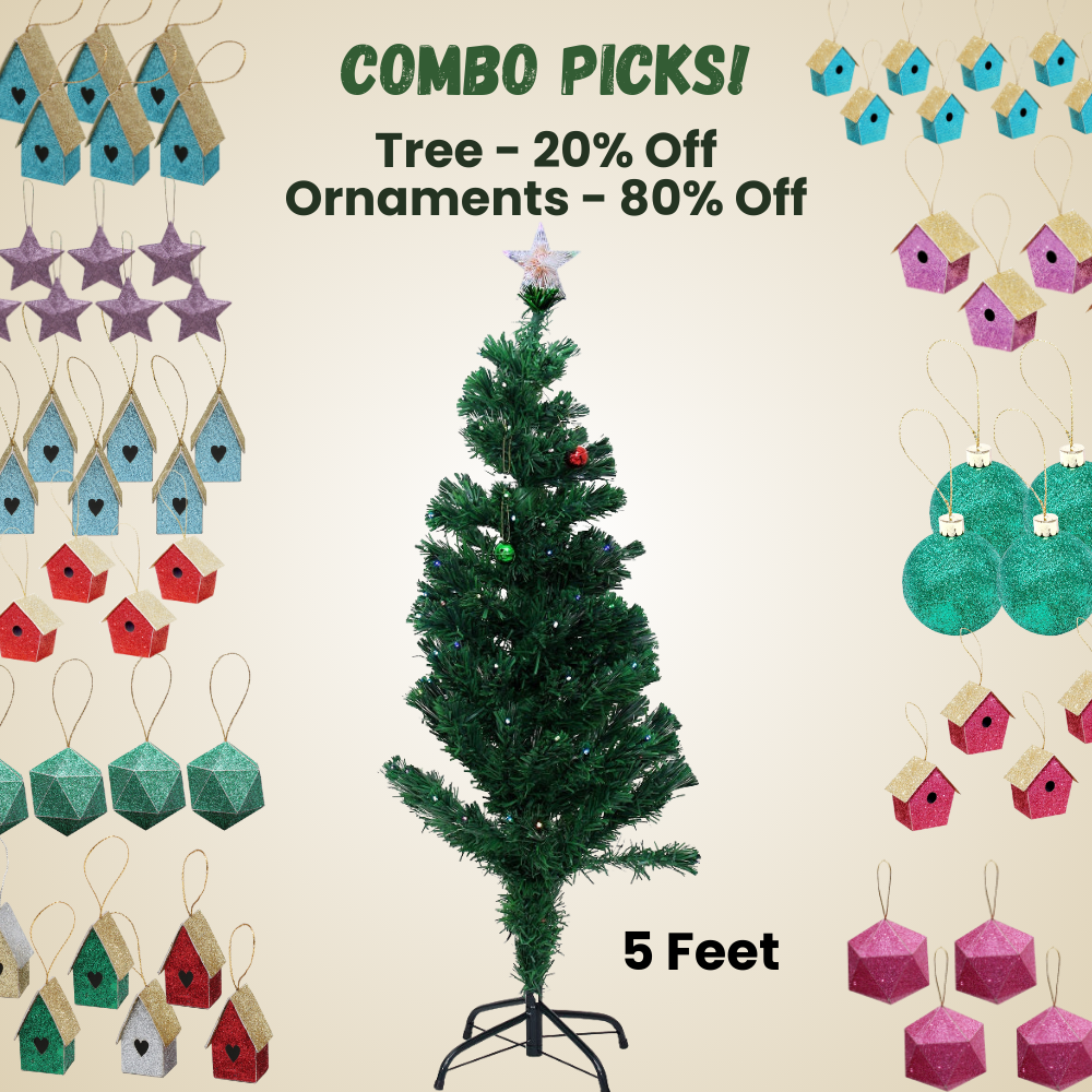 5 Feet - Christmas Tree With Plastic Stand + (Ornaments Combo)
