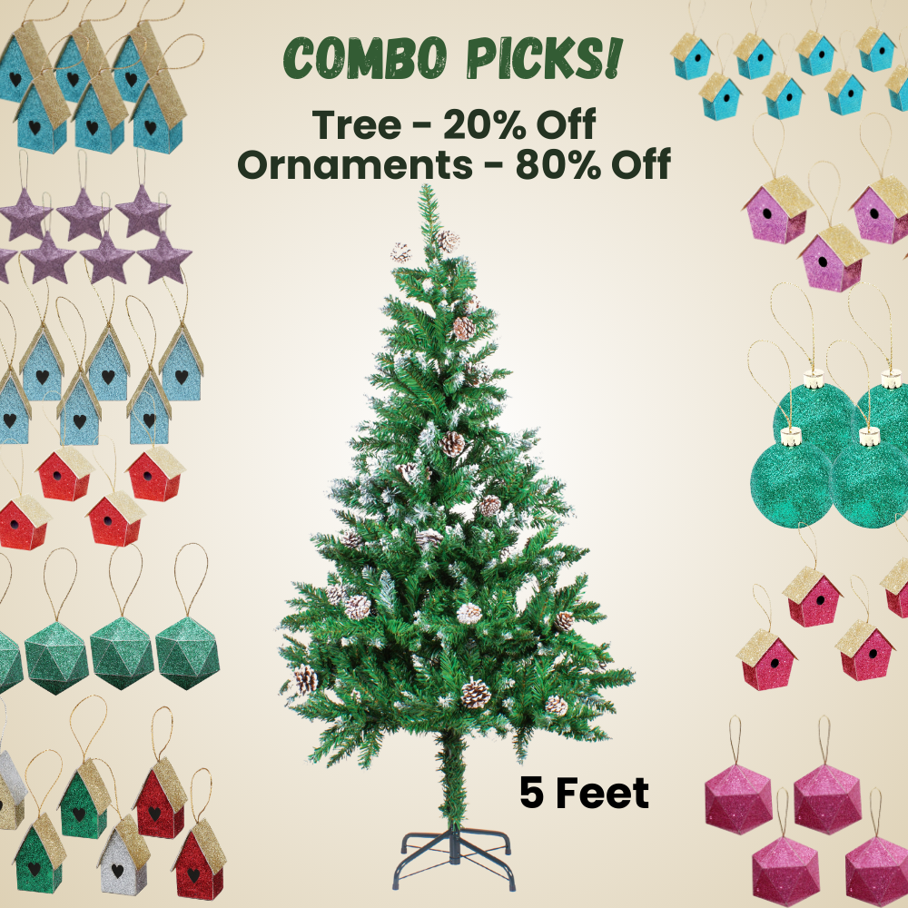 5 Feet - Frosted Christmas Tree with Metal Stand & Pine Cones (150cm) 1pc + (Ornaments Combo)