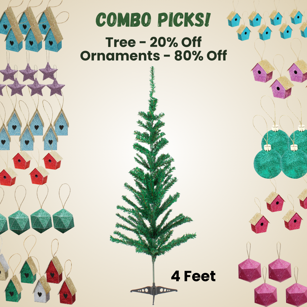 4 Feet - Christmas Festive Tree 100 Branches 1pc + (Ornaments Combo)