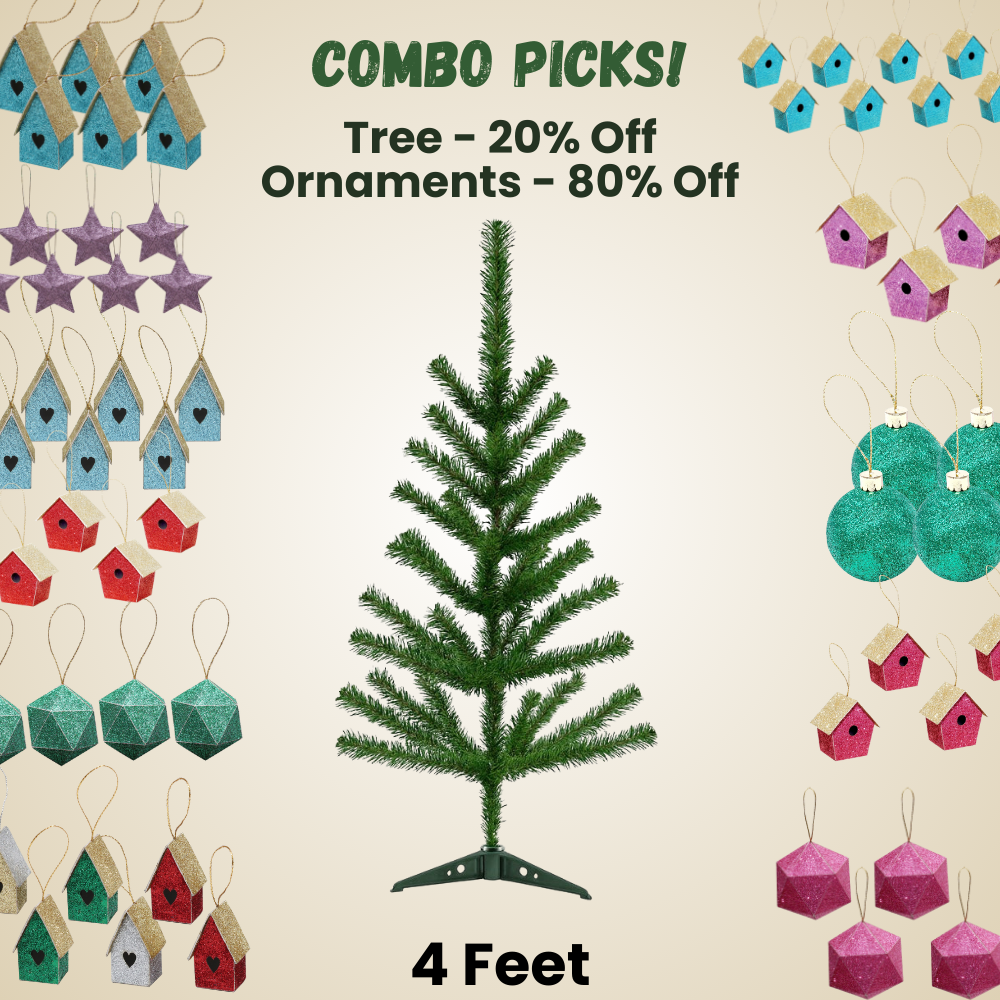 4 Feet - Christmas Tree With Plastic Stand + (Ornaments Combo)