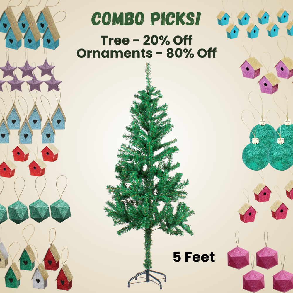 5 Feet - Christmas Festive Tree with Metal Stand 280 Branches (150cm) 1pc + (Ornaments Combo)