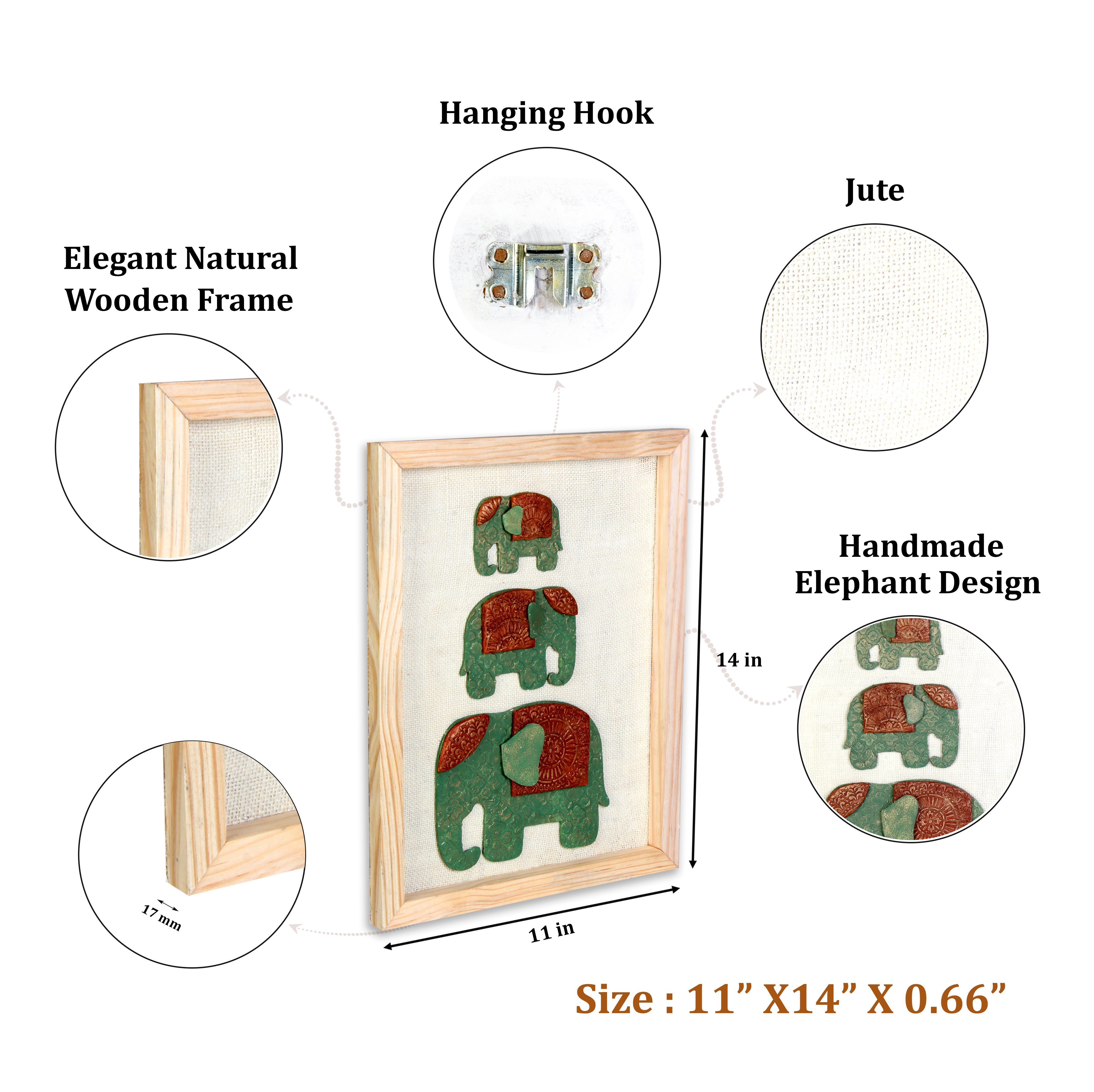 Wall Decor Handmade Majestic Elephant Green and Red with Wooden Frame Approx H14 X L11 X D0.66inch
