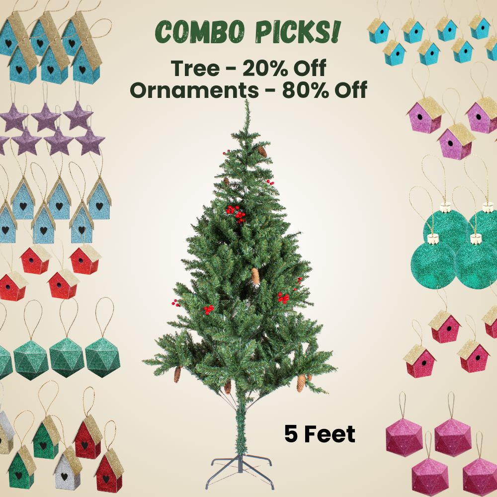 5 Feet - Christmas Premium Tree with Metal Stand Pine Cones & Red Berries 1pc Box + (Ornaments Combo)
