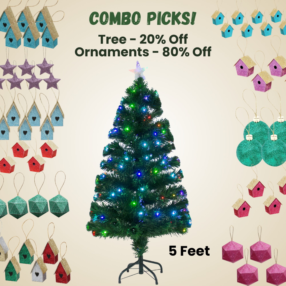 5 Feet - Christmas LED Fibre Optic Tree with Colour Changing Lights & Star 180 Branches (150cm) 1pc + (Ornaments Combo)