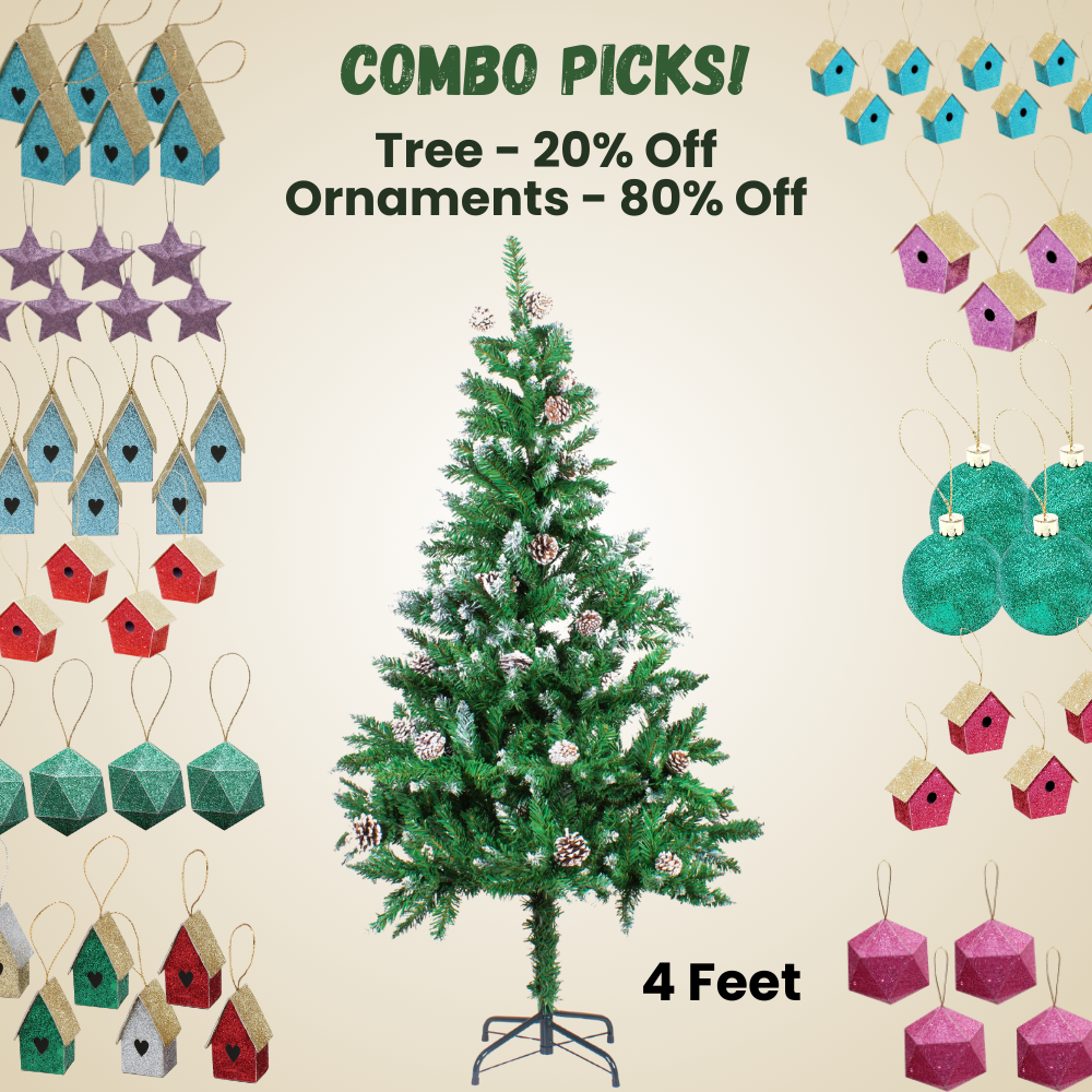 4 Feet - Frosted Christmas Tree with Metal Stand & Pine Cones 1pc + (Ornaments Combo)