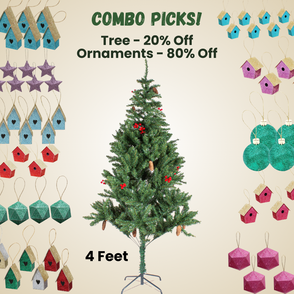4 Feet - Christmas Premium Tree with Metal Stand Pine Cones & Red Berries 1pc + (Ornaments Combo)