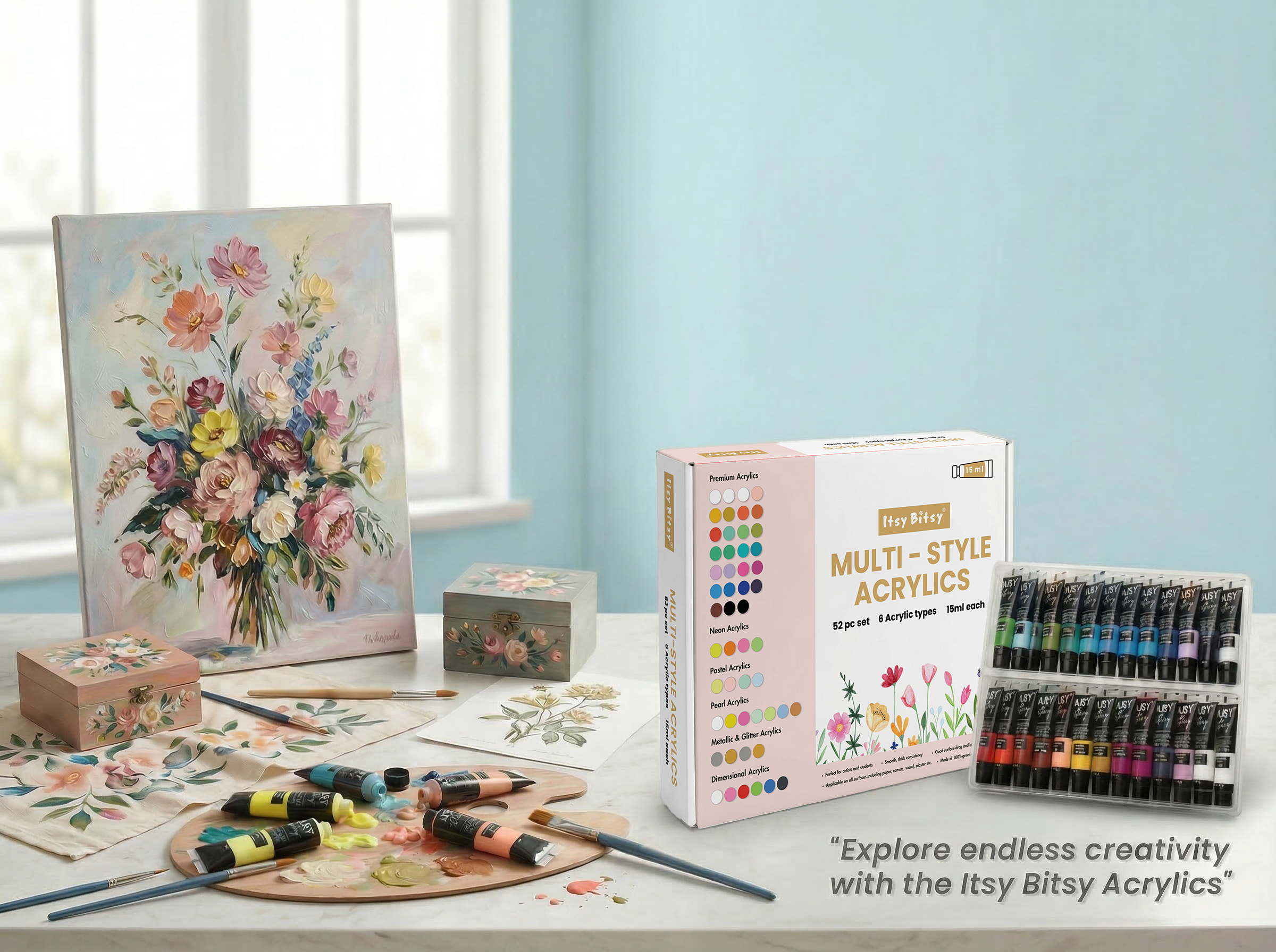 Multi Style Acrylics Set 52 Colors X 15ml each Box