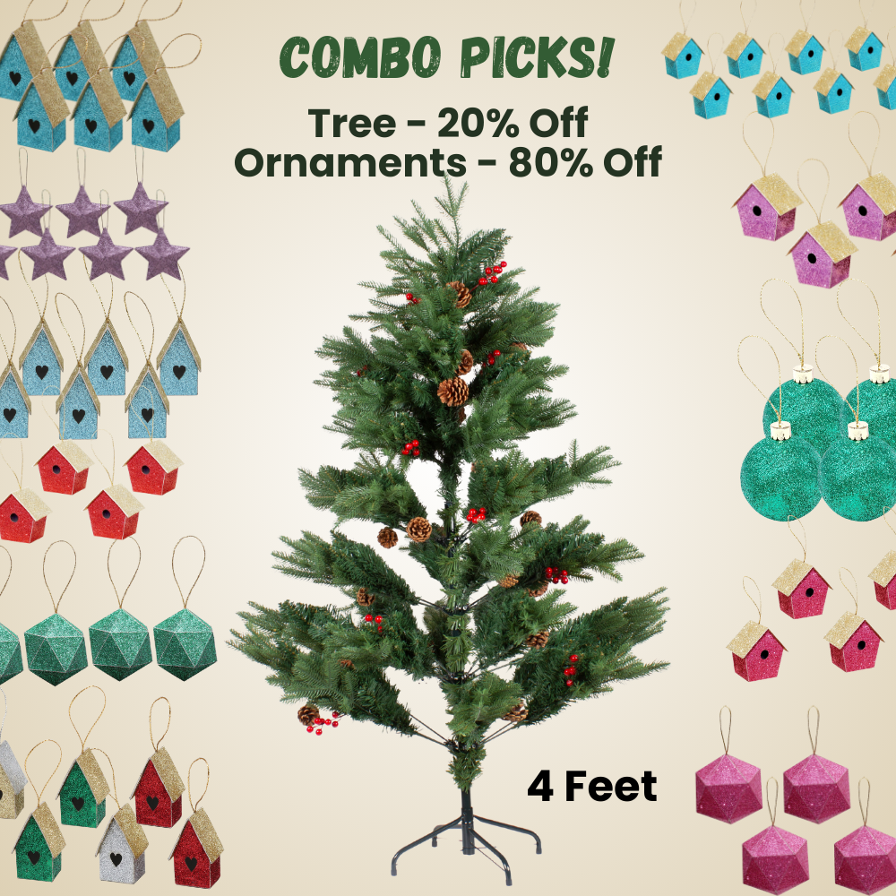 4 Feet - Christmas Deluxe Realistic Tree with Metal Stand Pine Cones & Red Berries 1pc + (Ornaments Combo)