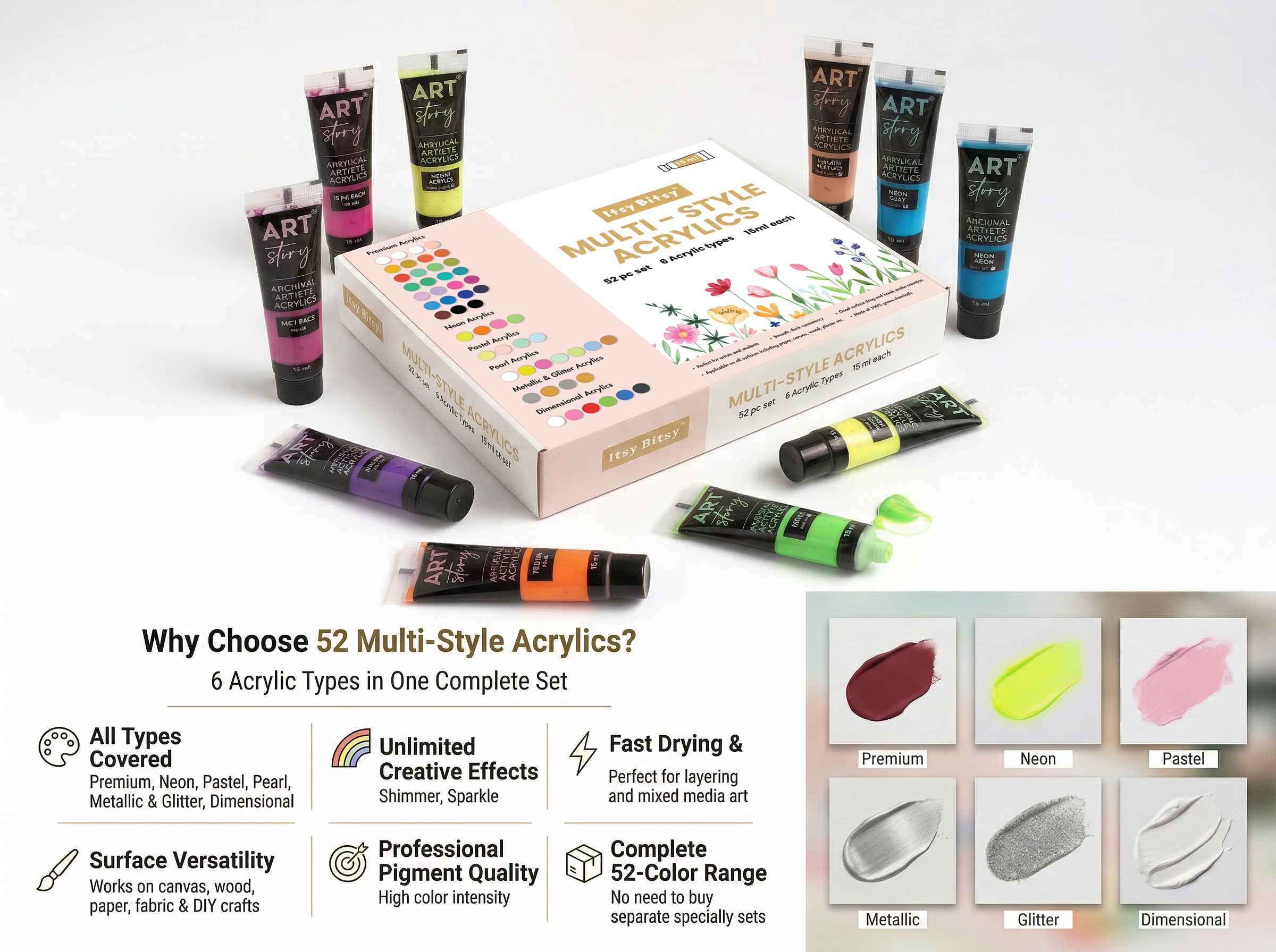 Multi Style Acrylics Set 52 Colors X 15ml each Box