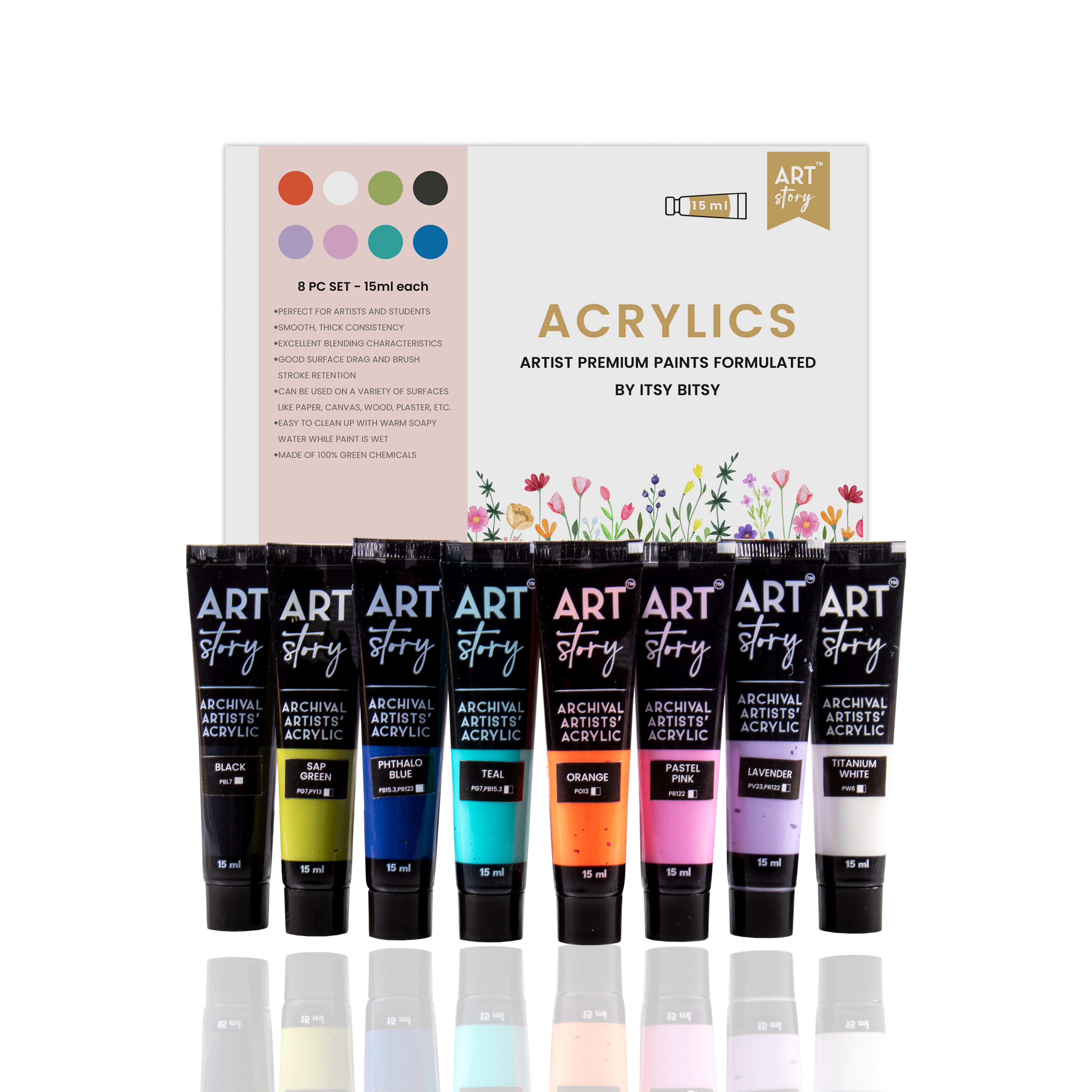 Artists Acrylic Colour Set Pastel 8 Colors X 15ml each